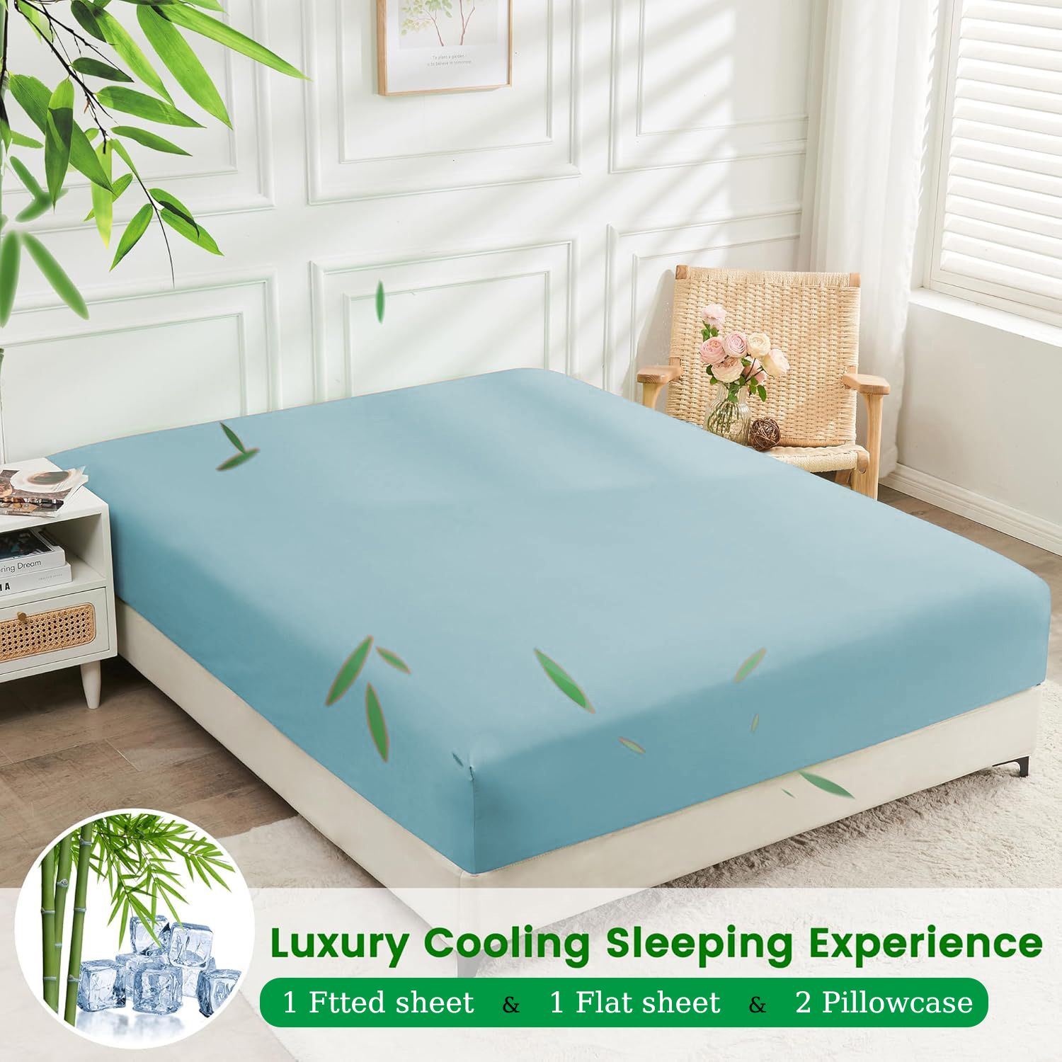 Hotel Breathable Bamboo Fitted Sheet & Pillowcase-3 Piece-Ultra Soft 2000TC Breathable Fitted Bed Sheets Set with 37 Centimetre Deep Pocket-Cooling Sheets for Hot Sleepers(Sky Blue,King)