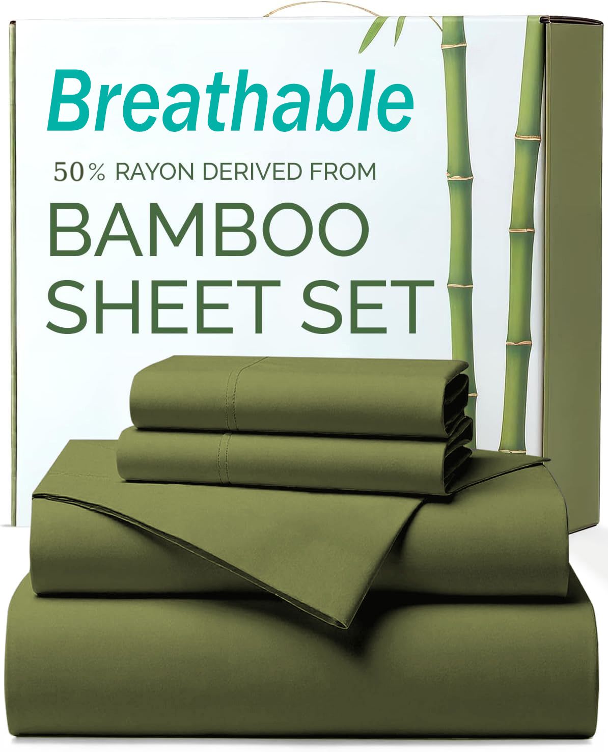 3 Piece Ultra Soft Bamboo Breathable Sheet Set -Hotel 2000TC Breathable Bed Sheets Set with 37 Centimetre Deep Pocket-Breathable Sheets for Hot Sleepers(Olive green,King Single)