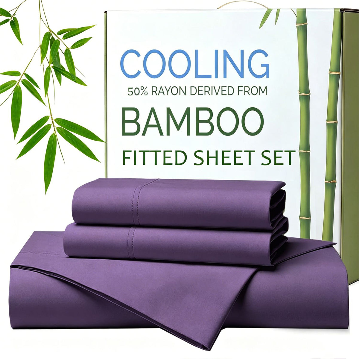 Hotel Breathable Bamboo Fitted Sheet &amp; Pillowcase-3 Piece-Ultra Soft 2000TC Breathable Fitted Bed Sheets Set with 37 Centimetre Deep Pocket-Cooling Sheets for Hot Sleepers(Purple,Queen)