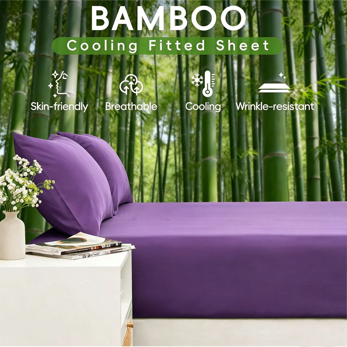 Hotel Breathable Bamboo Fitted Sheet & Pillowcase-3 Piece-Ultra Soft 2000TC Breathable Fitted Bed Sheets Set with 37 Centimetre Deep Pocket-Cooling Sheets for Hot Sleepers(Purple,Queen)