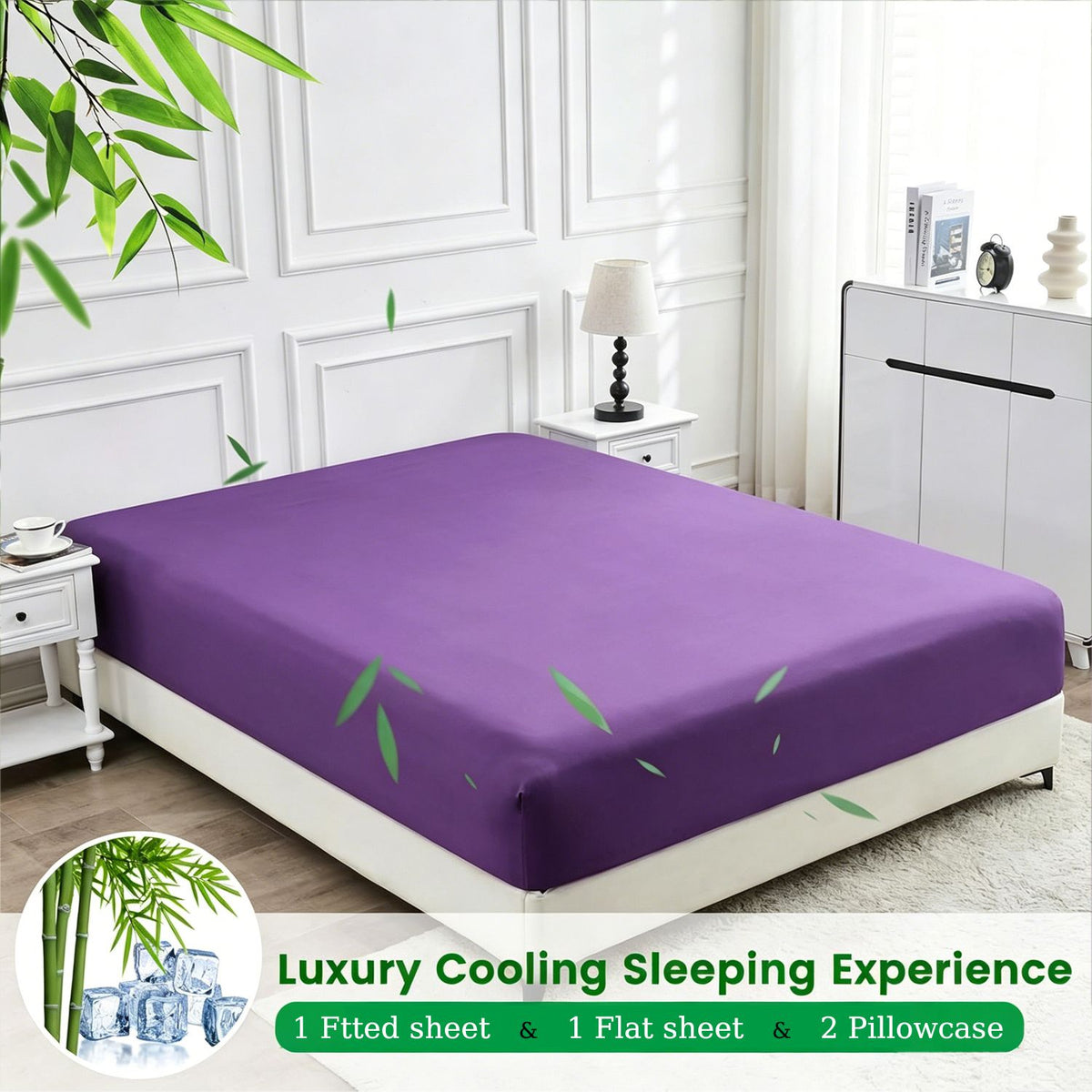Hotel Breathable Bamboo Fitted Sheet & Pillowcase-3 Piece-Ultra Soft 2000TC Breathable Fitted Bed Sheets Set with 37 Centimetre Deep Pocket-Cooling Sheets for Hot Sleepers(Purple,Queen)