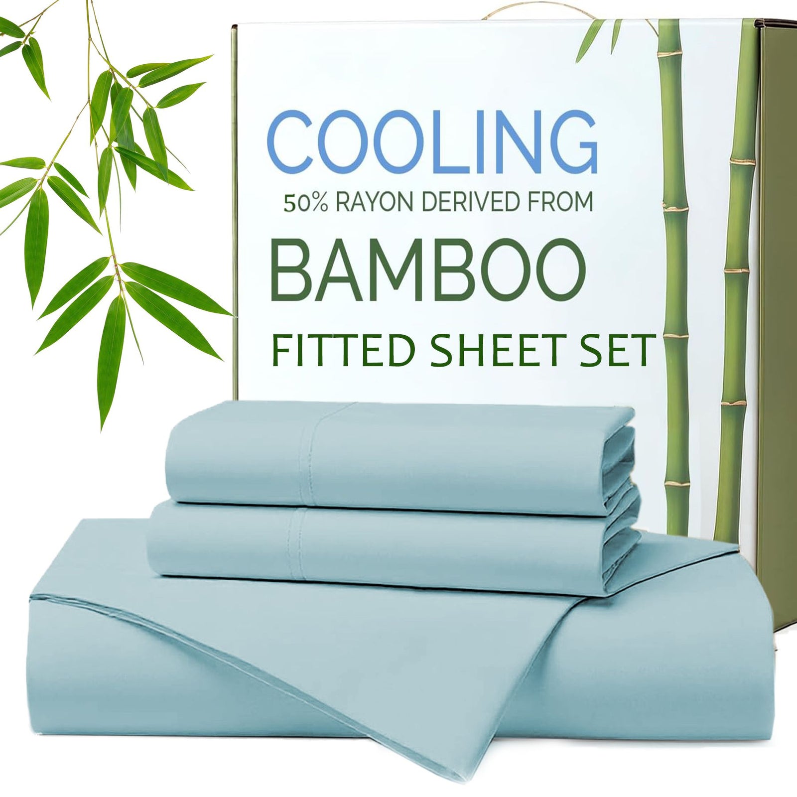 Hotel Breathable Bamboo Fitted Sheet & Pillowcase-3 Piece-Ultra Soft 2000TC Breathable Fitted Bed Sheets Set with 37 Centimetre Deep Pocket-Cooling Sheets for Hot Sleepers(Sky Blue,Queen)