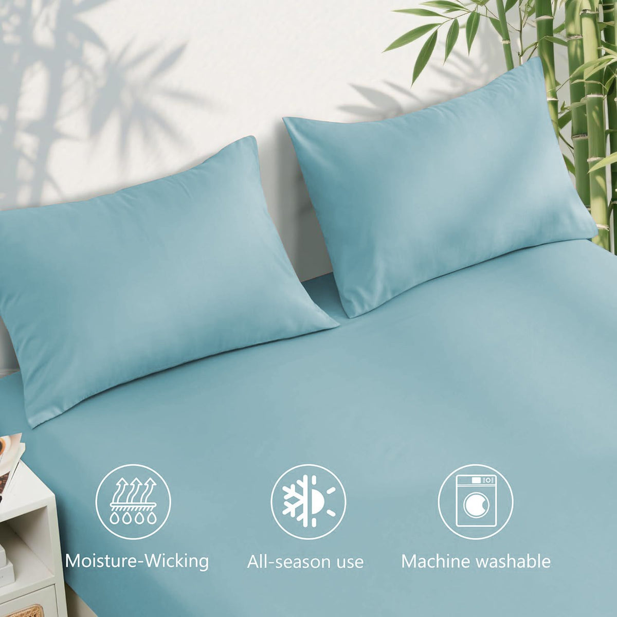 Hotel Breathable Bamboo Fitted Sheet & Pillowcase-3 Piece-Ultra Soft 2000TC Breathable Fitted Bed Sheets Set with 37 Centimetre Deep Pocket-Cooling Sheets for Hot Sleepers(Sky Blue,Queen)