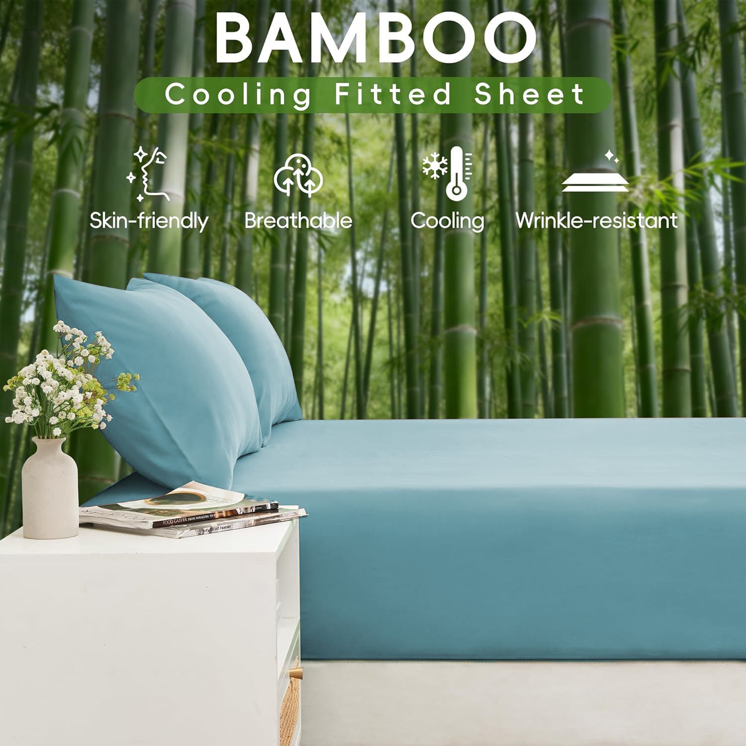 Hotel Breathable Bamboo Fitted Sheet & Pillowcase-3 Piece-Ultra Soft 2000TC Breathable Fitted Bed Sheets Set with 37 Centimetre Deep Pocket-Cooling Sheets for Hot Sleepers(Sky Blue,Queen)