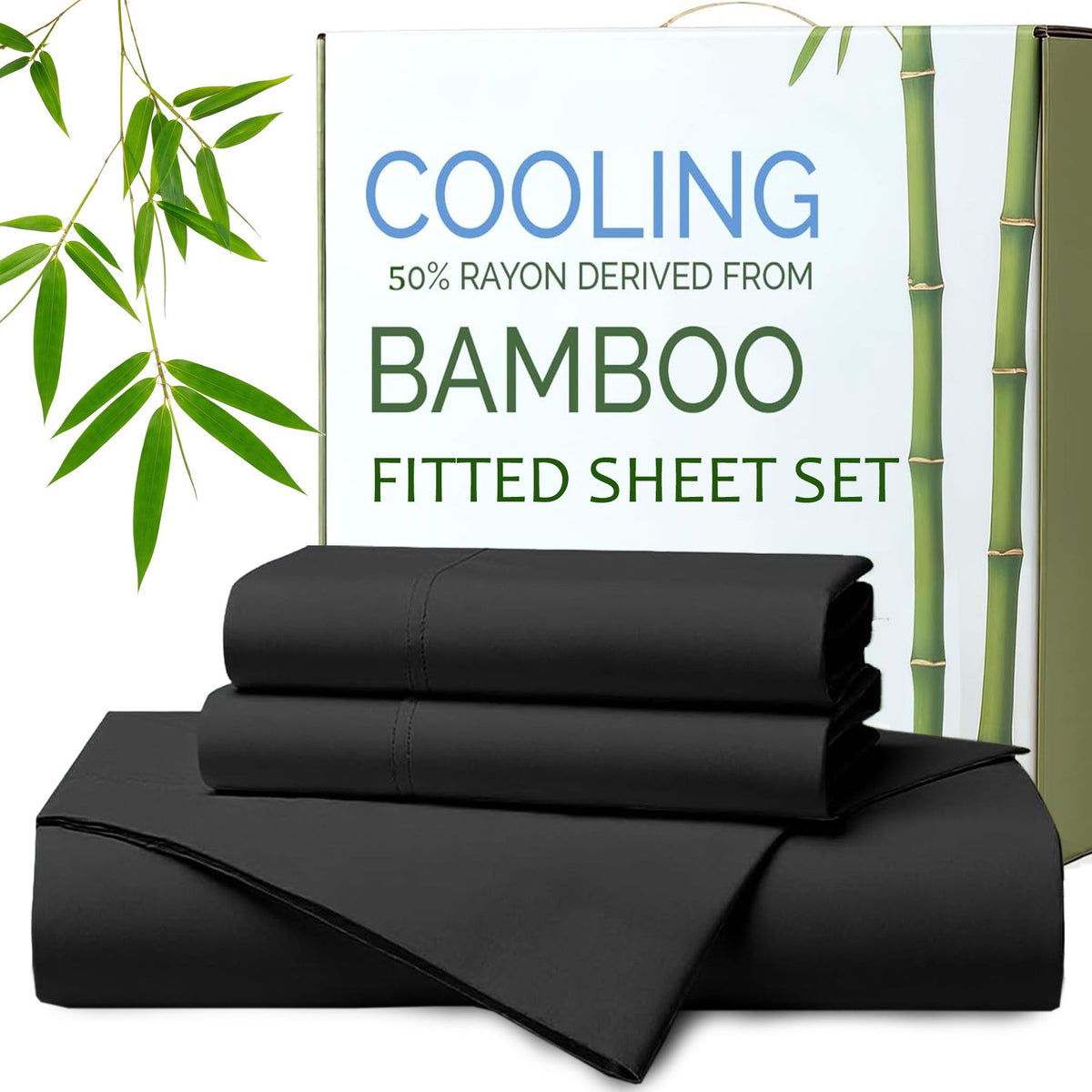 Hotel Breathable Bamboo Fitted Sheet &amp; Pillowcase-3 Piece-Ultra Soft 2000TC Breathable Fitted Bed Sheets Set with 40 Centimetre Deep Pocket-Cooling Sheets for Hot Sleepers(Black,Super King)