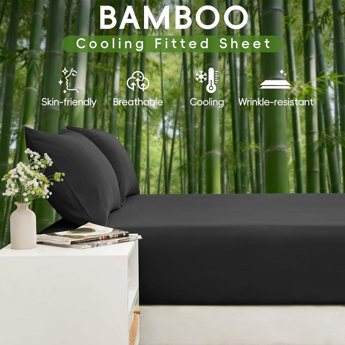 Hotel Breathable Bamboo Fitted Sheet & Pillowcase-3 Piece-Ultra Soft 2000TC Breathable Fitted Bed Sheets Set with 40 Centimetre Deep Pocket-Cooling Sheets for Hot Sleepers(Black,Super King)