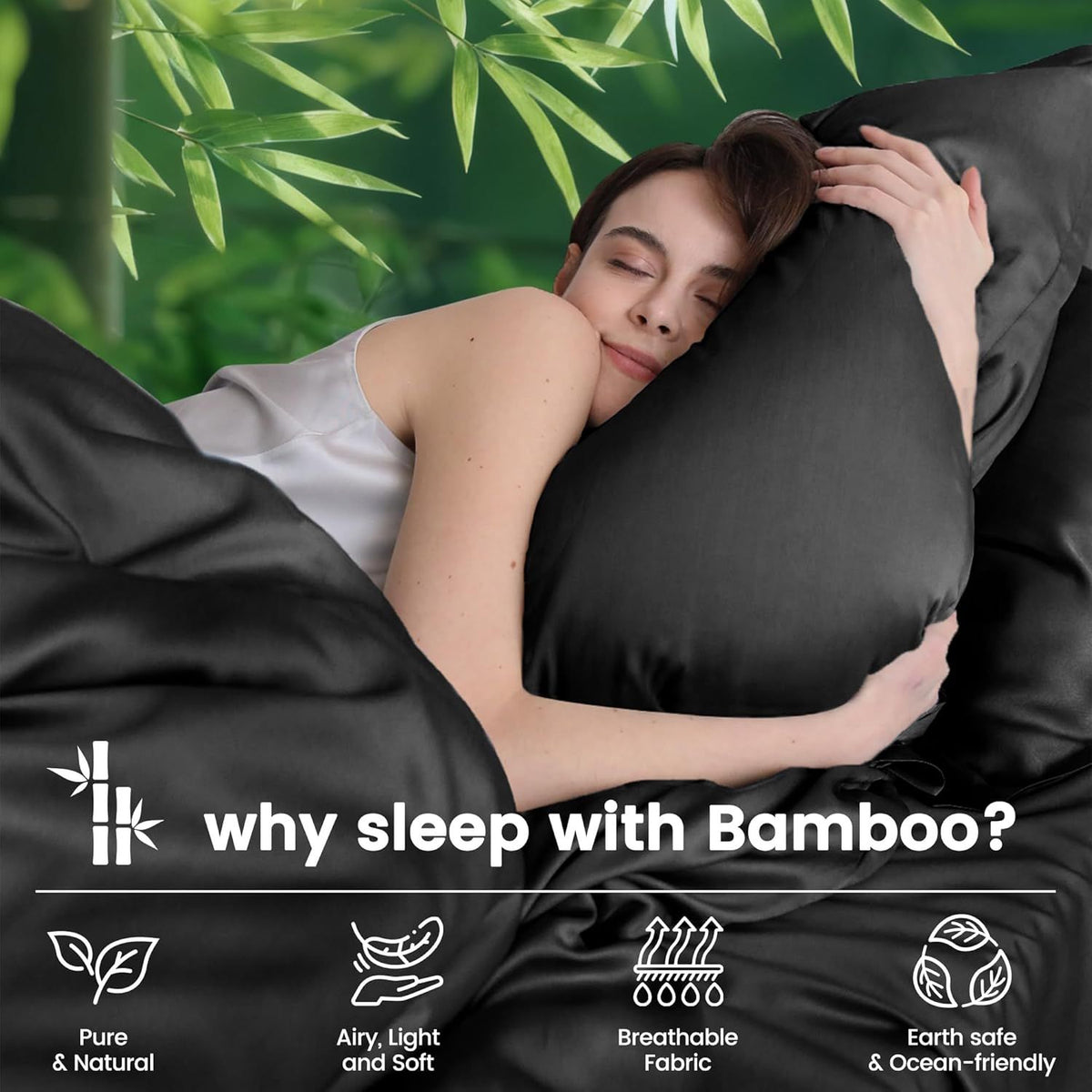 Hotel Breathable Bamboo Fitted Sheet & Pillowcase-3 Piece-Ultra Soft 2000TC Breathable Fitted Bed Sheets Set with 40 Centimetre Deep Pocket-Cooling Sheets for Hot Sleepers(Black,Super King)