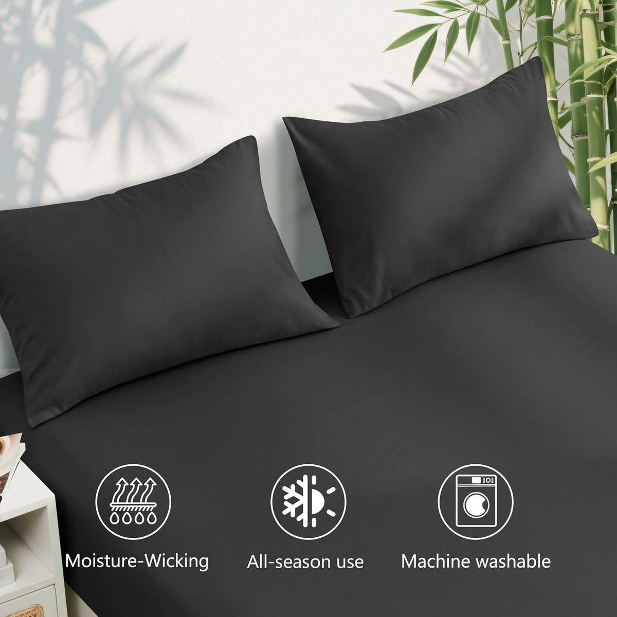 Hotel Breathable Bamboo Fitted Sheet & Pillowcase-3 Piece-Ultra Soft 2000TC Breathable Fitted Bed Sheets Set with 40 Centimetre Deep Pocket-Cooling Sheets for Hot Sleepers(Black,Super King)