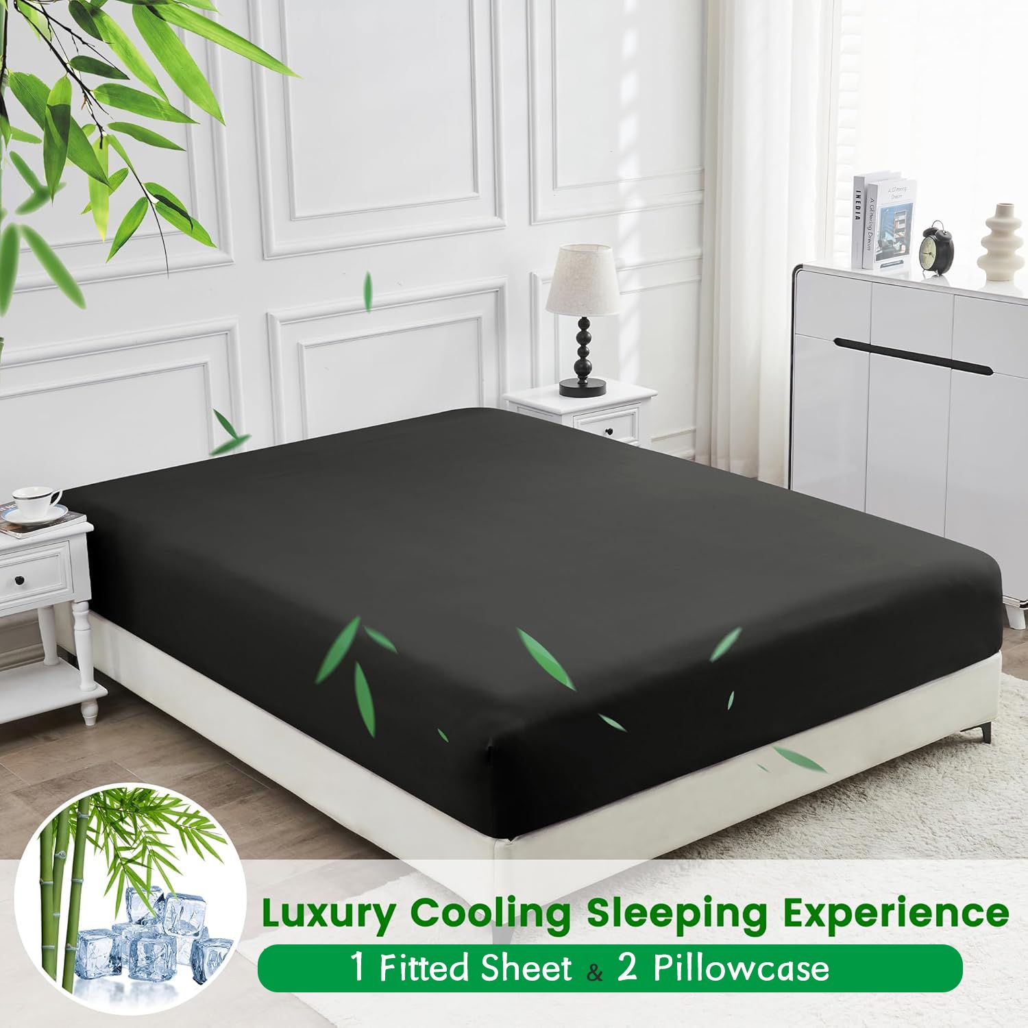 Hotel Breathable Bamboo Fitted Sheet & Pillowcase-3 Piece-Ultra Soft 2000TC Breathable Fitted Bed Sheets Set with 40 Centimetre Deep Pocket-Cooling Sheets for Hot Sleepers(Black,Super King)