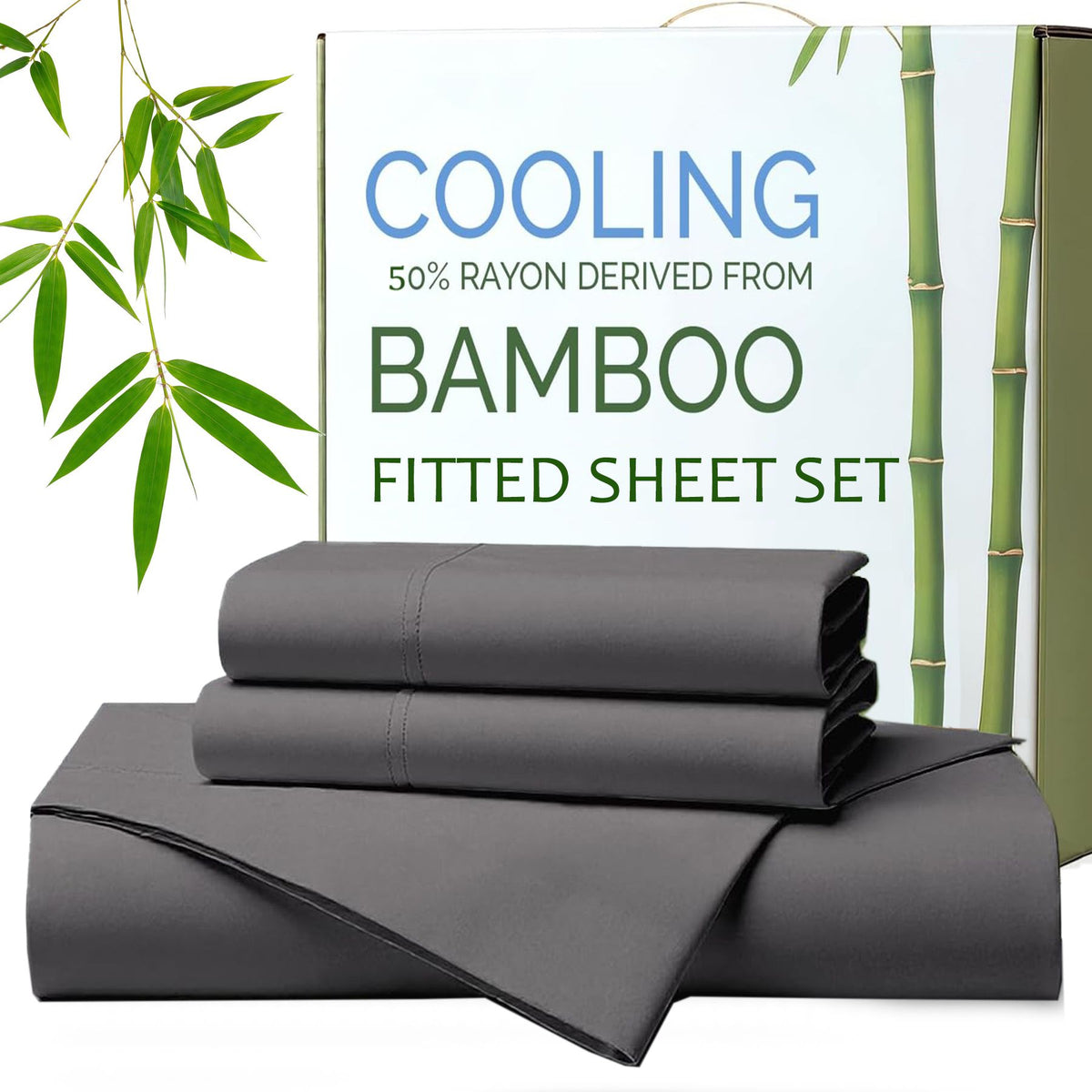 Hotel Breathable Bamboo Fitted Sheet &amp; Pillowcase-3 Piece-Ultra Soft 2000TC Breathable Fitted Bed Sheets Set with 40 Centimetre Deep Pocket-Cooling Sheets for Hot Sleepers(Grey,Super King)