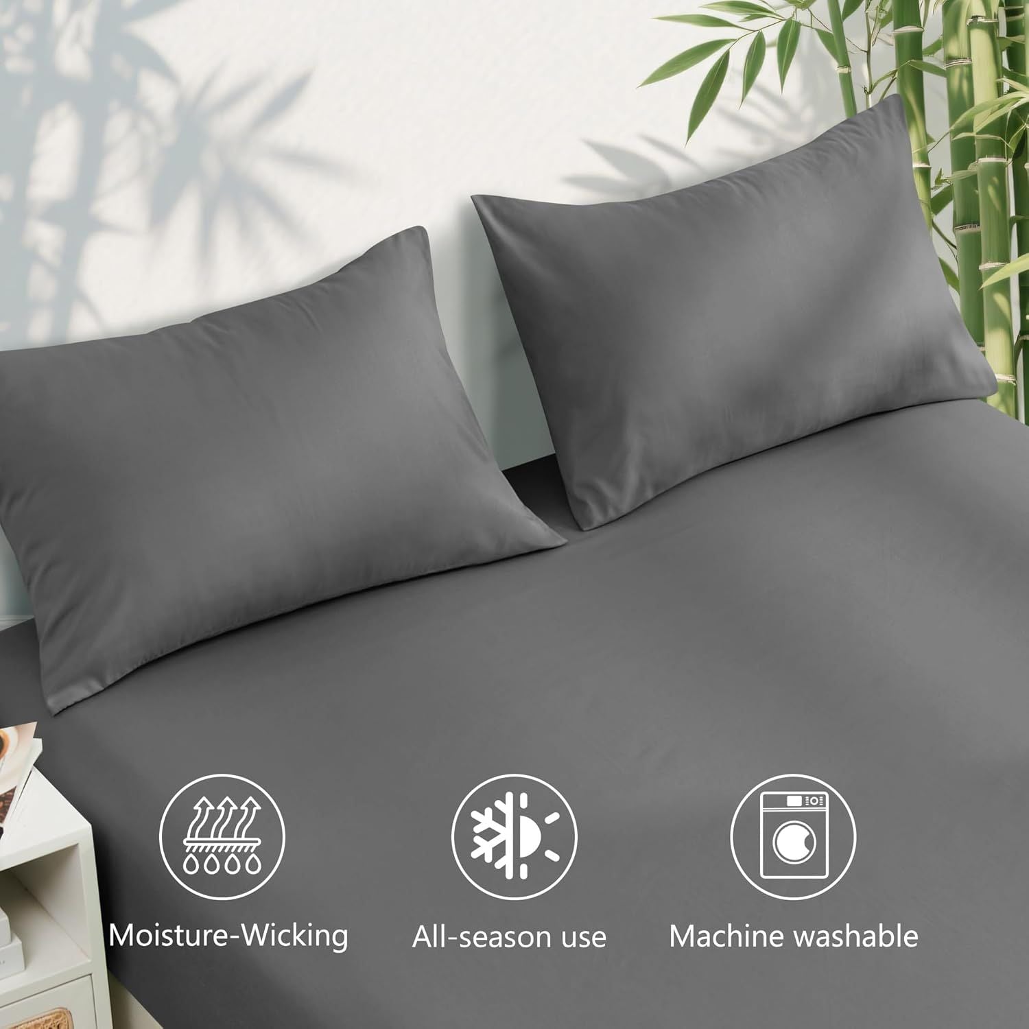 Hotel Breathable Bamboo Fitted Sheet & Pillowcase-3 Piece-Ultra Soft 2000TC Breathable Fitted Bed Sheets Set with 40 Centimetre Deep Pocket-Cooling Sheets for Hot Sleepers(Grey,Super King)