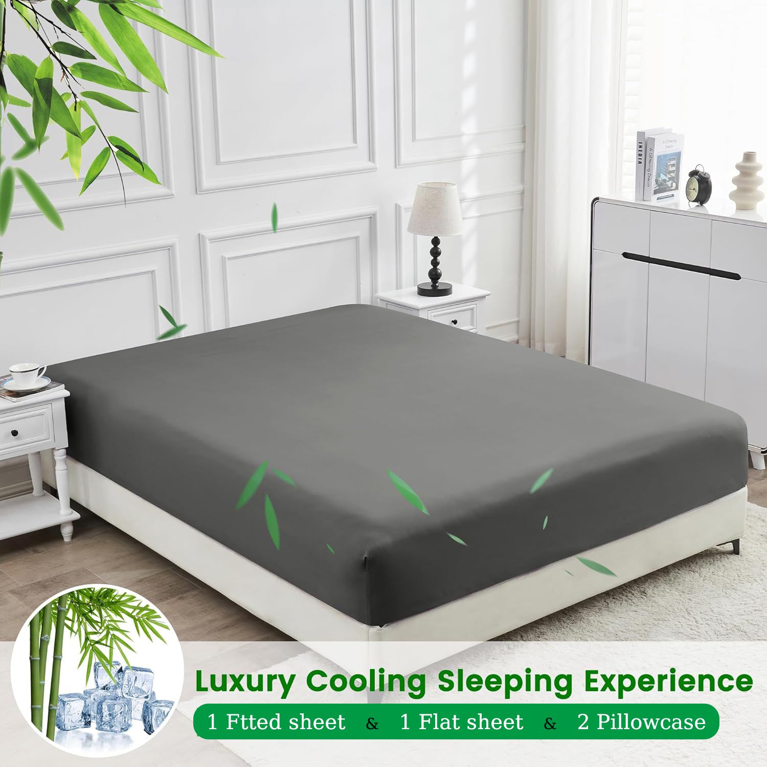 Hotel Breathable Bamboo Fitted Sheet & Pillowcase-3 Piece-Ultra Soft 2000TC Breathable Fitted Bed Sheets Set with 40 Centimetre Deep Pocket-Cooling Sheets for Hot Sleepers(Grey,Super King)