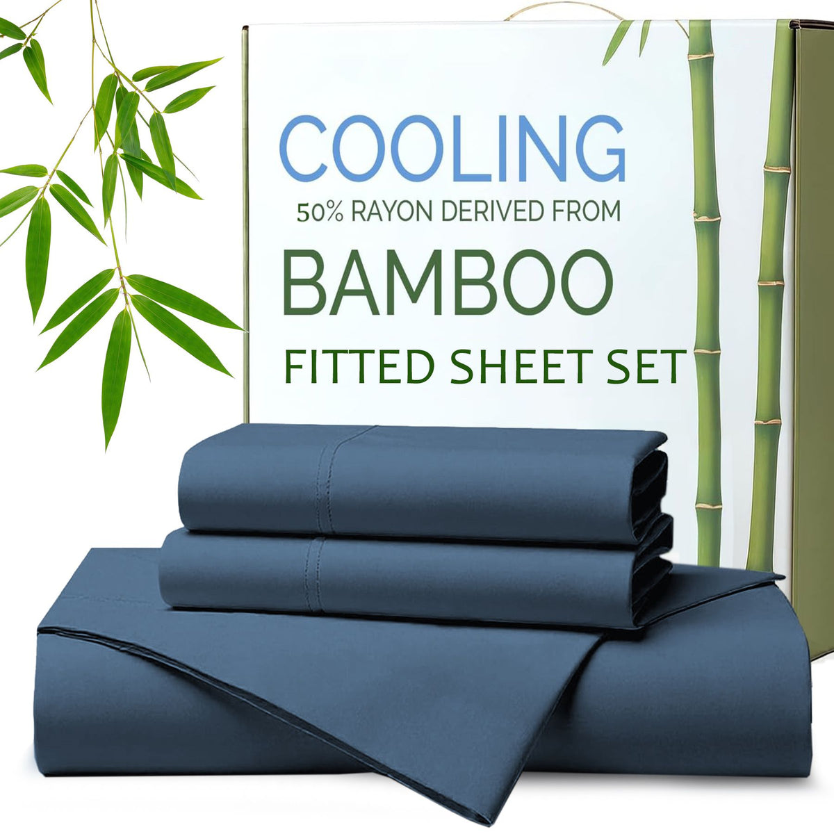 Hotel Breathable Bamboo Fitted Sheet &amp; Pillowcase-3 Piece-Ultra Soft 2000TC Breathable Fitted Bed Sheets Set with 40 Centimetre Deep Pocket-Cooling Sheets for Hot Sleepers(Navy,Super King)