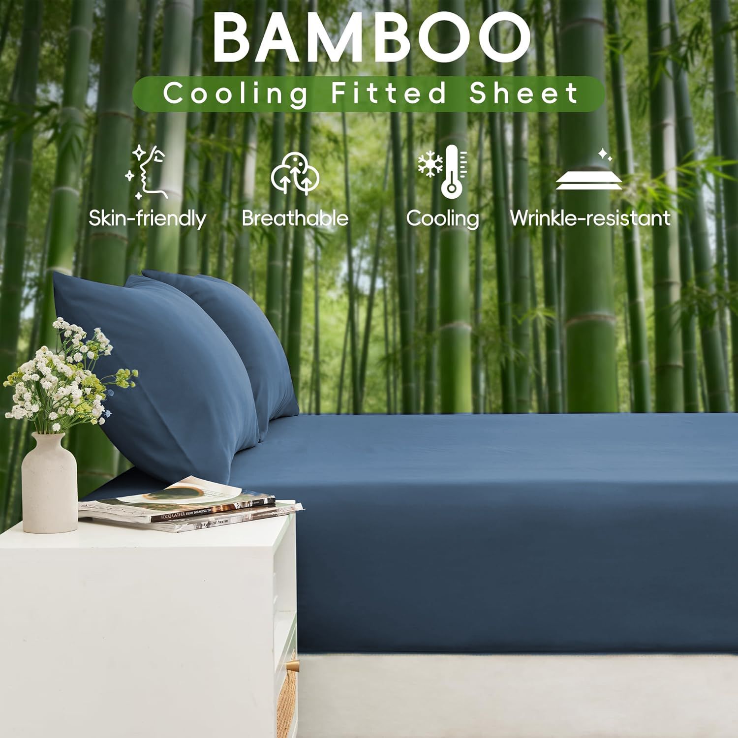 Hotel Breathable Bamboo Fitted Sheet & Pillowcase-3 Piece-Ultra Soft 2000TC Breathable Fitted Bed Sheets Set with 40 Centimetre Deep Pocket-Cooling Sheets for Hot Sleepers(Navy,Super King)