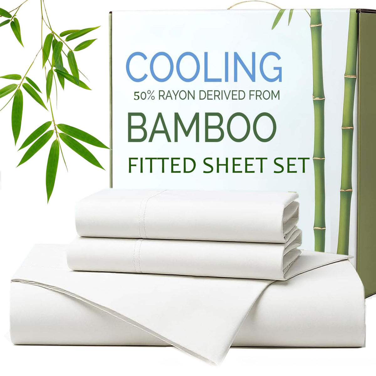Hotel Breathable Bamboo Fitted Sheet &amp; Pillowcase-3 Piece-Ultra Soft 2000TC Breathable Fitted Bed Sheets Set with 40 Centimetre Deep Pocket-Cooling Sheets for Hot Sleepers(White,Super King)