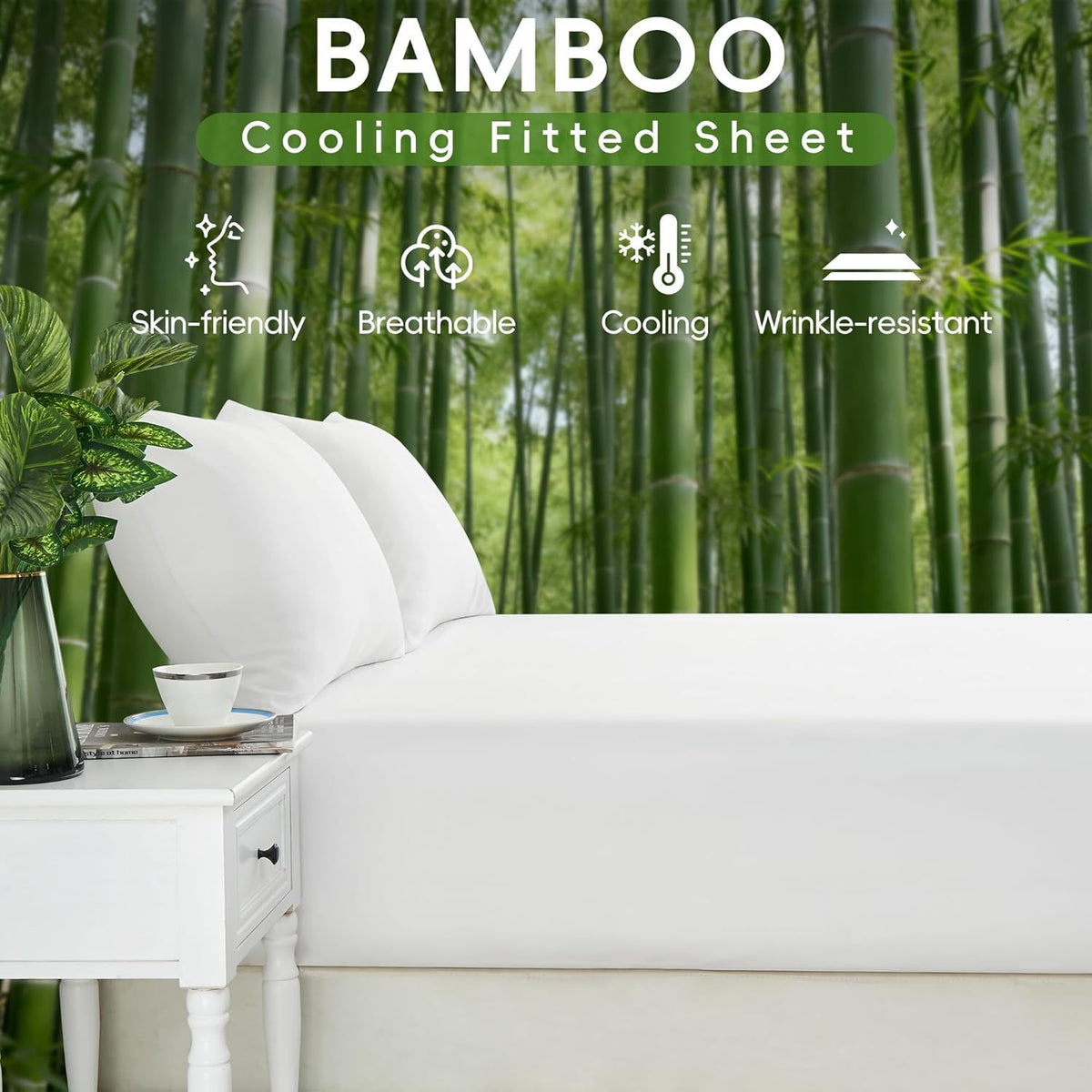 Hotel Breathable Bamboo Fitted Sheet & Pillowcase-3 Piece-Ultra Soft 2000TC Breathable Fitted Bed Sheets Set with 40 Centimetre Deep Pocket-Cooling Sheets for Hot Sleepers(White,Super King)