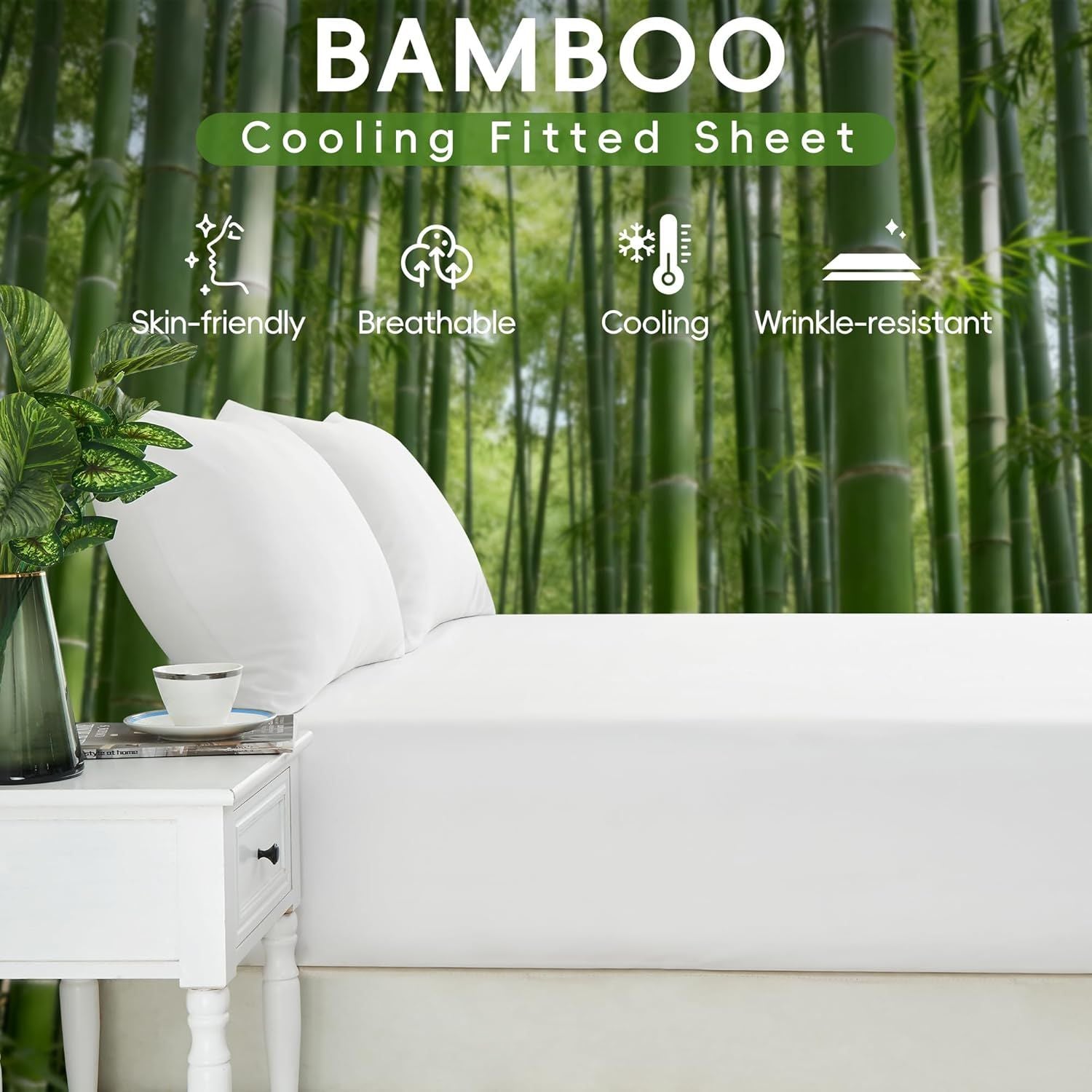 Hotel Breathable Bamboo Fitted Sheet & Pillowcase-3 Piece-Ultra Soft 2000TC Breathable Fitted Bed Sheets Set with 40 Centimetre Deep Pocket-Cooling Sheets for Hot Sleepers(White,Super King)