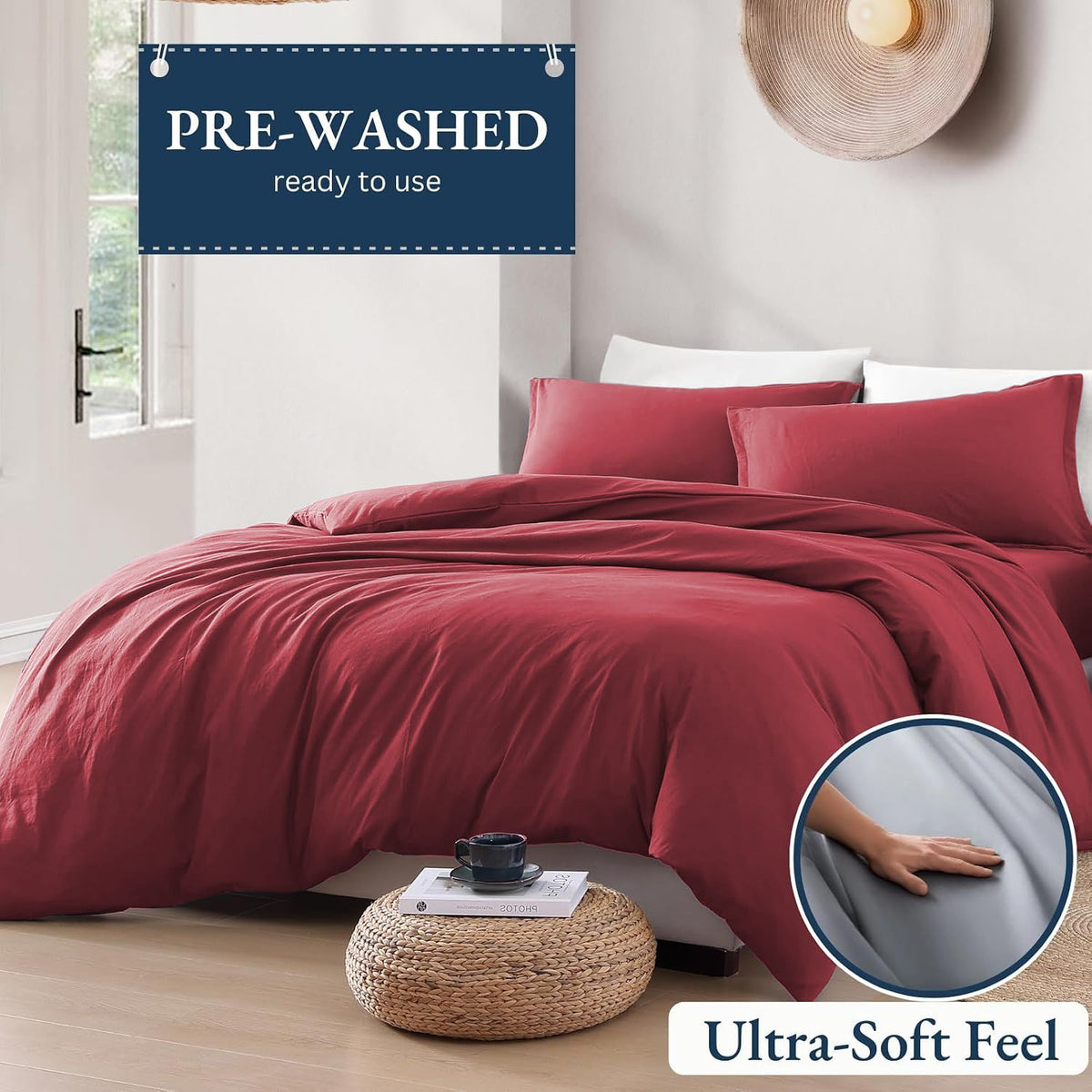 Hotel Soft Microfiber Duvet Cover Set-2000TC Quilt Cover Set & Pillowcases -1 Donna Cover Zipper Closure & 1 x Pillowcases-Breathable Bedding - Wrinkle, Fade, Stain Resistant(Red,King Single)