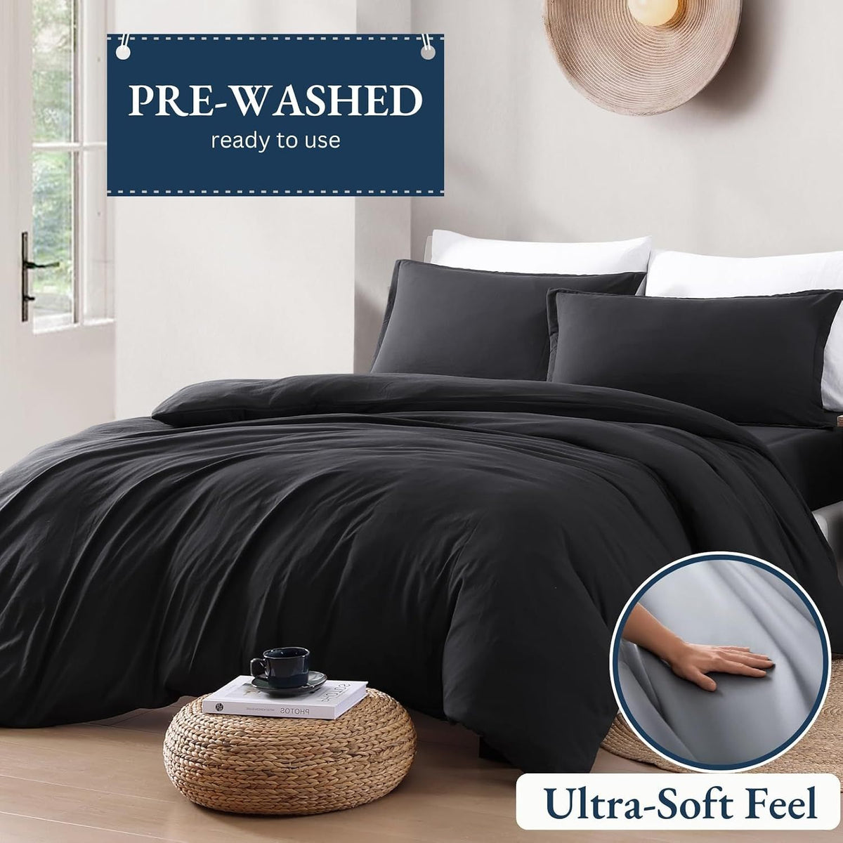 Hotel Soft Microfiber Duvet Cover Set-2000TC Quilt Cover Set & Pillowcases -1 Donna Cover Zipper Closure & 1 x Pillowcases-Breathable Bedding - Wrinkle, Fade, Stain Resistant(Black,Queen)