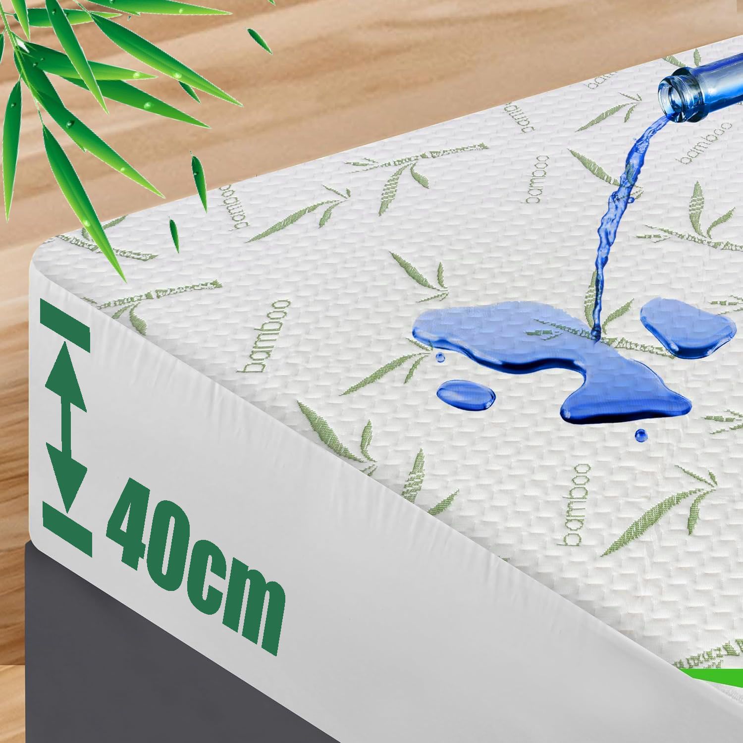 Waterproof Mattress Protector,Breathable Mattress Cover,3D Air Fabric Cooling Bed Pad Cover, Deep Pocket 40cm(Super King,Green)