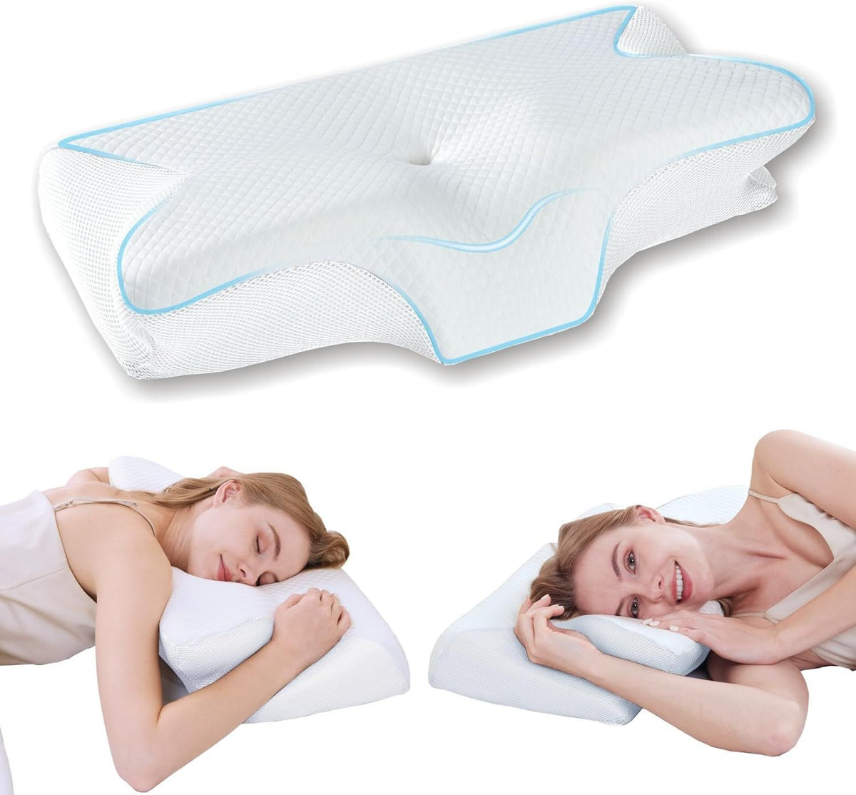 Cervical Neck Pillow for Neck Pain Relief, 2 in 1 Ergonomic Orthopedic Bed Pillow for Sleeping, Memory Foam Pillows for Side, Back &amp; Stomach Sleepers with Removable Pillowcase(White)