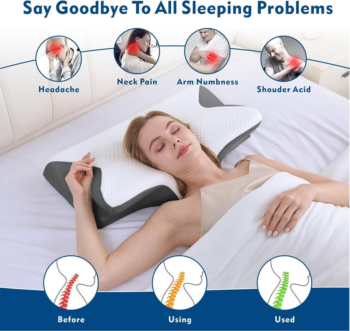 Cervical Neck Pillow for Neck Pain Relief, 2 in 1 Ergonomic Orthopedic Bed Pillow for Sleeping, Memory Foam Pillows for Side, Back & Stomach Sleepers with Removable Pillowcase(White)