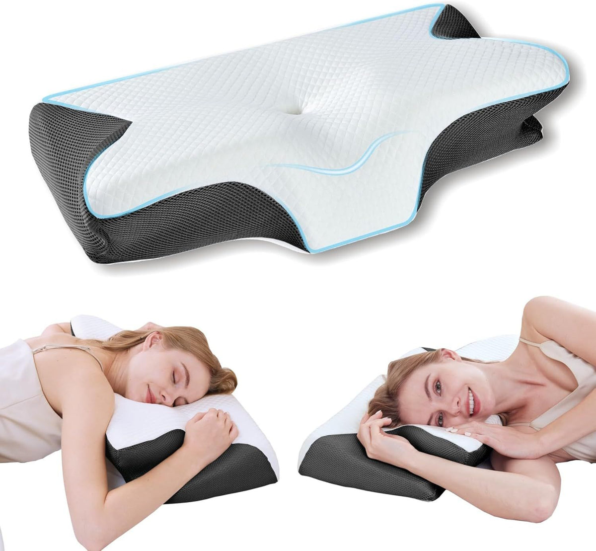 Cervical Neck Pillow for Neck Pain Relief, 2 in 1 Ergonomic Orthopedic Bed Pillow for Sleeping, Memory Foam Pillows for Side, Back &amp; Stomach Sleepers with Removable Pillowcase(Black)
