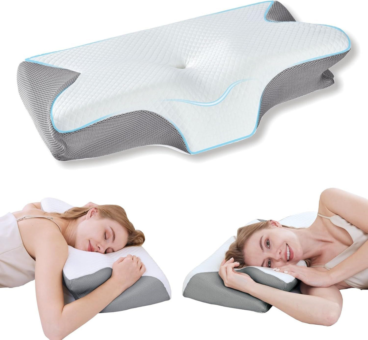 Cervical Neck Pillow for Neck Pain Relief, 2 in 1 Ergonomic Orthopedic Bed Pillow for Sleeping, Memory Foam Pillows for Side, Back &amp; Stomach Sleepers with Removable Pillowcase(Grey)