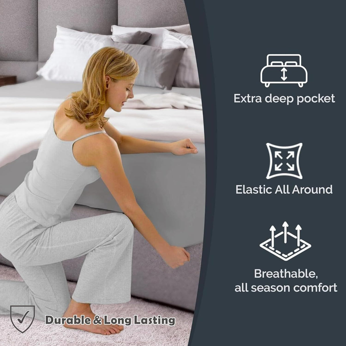 Hotel Quality Fitted Sheet - 1 Piece Fitted Sheet  -Breathable Bedding - Wrinkle, Fade, Stain Resistant- 16inch/40cm Deep Pocket Fitted Bed Sheet-Wrinkle and Fade Resistant,(Silver-gray,Double)