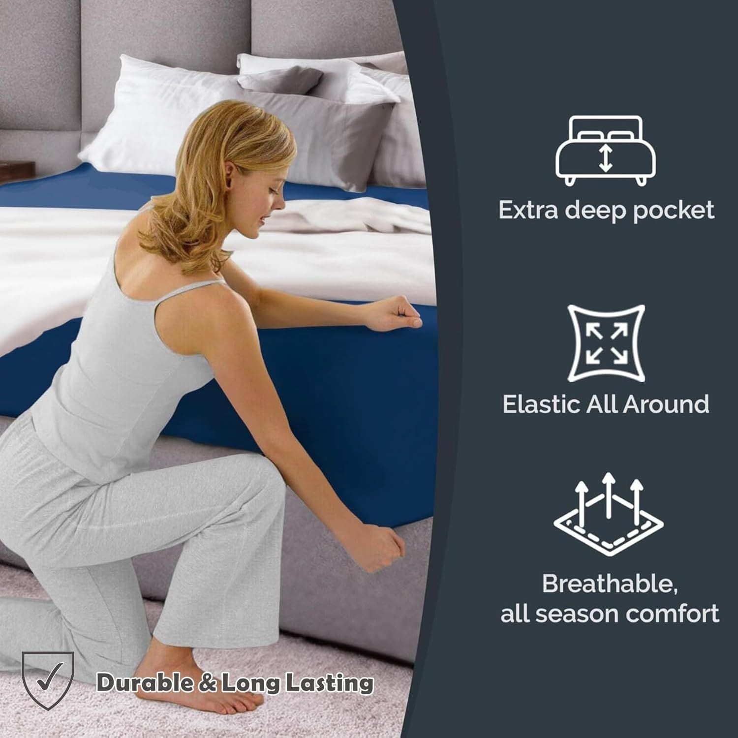 Hotel Quality Fitted Sheet - 1 Piece Fitted Sheet  -Breathable Bedding - Wrinkle, Fade, Stain Resistant- 16inch/40cm Deep Pocket Fitted Bed Sheet-Wrinkle and Fade Resistant,(Navy,Queen)