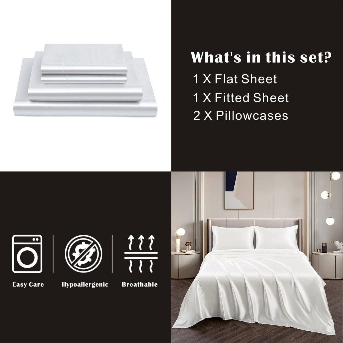 Art Silk Satin Sheet Set Hotel 4 Pieces Fitted/Flat Sheet Bedding Set-Luxury Soft Silky Sheets for Hair and Skin, Similar to Silk Bed Sheets Set 4 Pieces(Double,White)