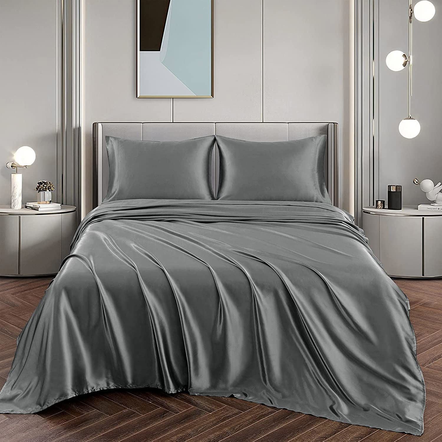 Art Silk Satin Sheet Set Hotel 4 Pieces Fitted/Flat Sheet Bedding Set-Luxury Soft Silky Sheets for Hair and Skin, Similar to Silk Bed Sheets Set 4 Pieces(King,Grey)