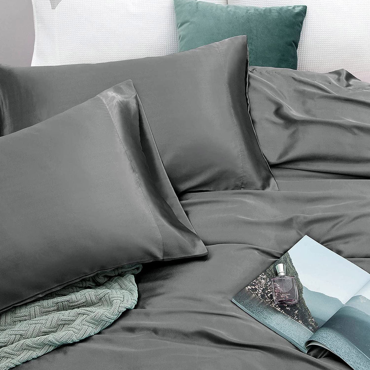 Art Silk Satin Sheet Set Hotel 4 Pieces Fitted/Flat Sheet Bedding Set-Luxury Soft Silky Sheets for Hair and Skin, Similar to Silk Bed Sheets Set 4 Pieces(King,Grey)