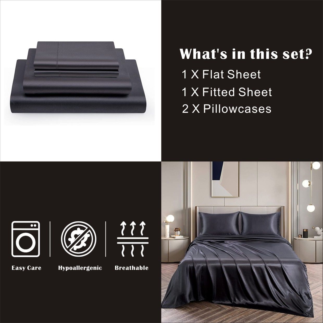 Art Silk Satin Sheet Set Hotel 3 Pieces Fitted/Flat Sheet Bedding Set-Luxury Soft Silky Sheets for Hair and Skin, Similar to Silk Bed Sheets Set 3 Pieces(King Single,Black)