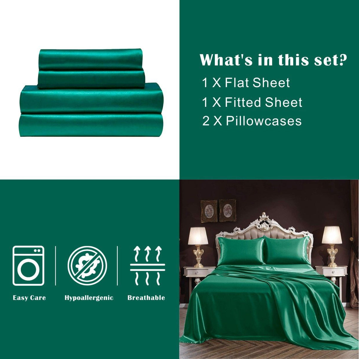 Art Silk Satin Sheet Set Hotel 3 Pieces Fitted/Flat Sheet Bedding Set-Luxury Soft Silky Sheets for Hair and Skin, Similar to Silk Bed Sheets Set 3 Pieces(King Single,Green)