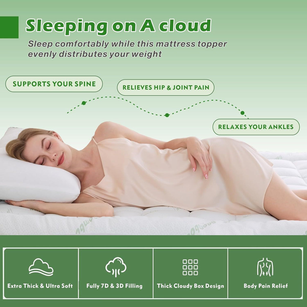 800GSM Mattress Topper Viscose Derived from Bamboo, Thick Pillowtop Fitted Mattress Cover with 45cm Deep Skirt - Machine Washable Hypoallergenic(Queen,,Green)