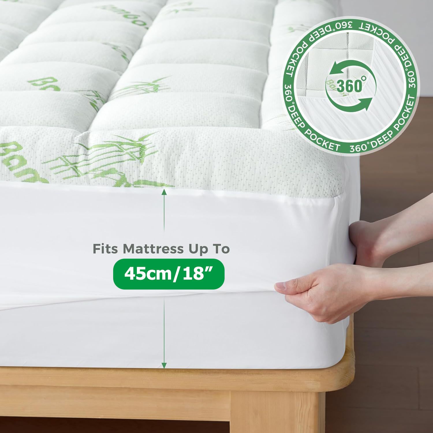 800GSM Mattress Topper Viscose Derived from Bamboo, Thick Pillowtop Fitted Mattress Cover with 45cm Deep Skirt - Machine Washable Hypoallergenic(Queen,,Green)