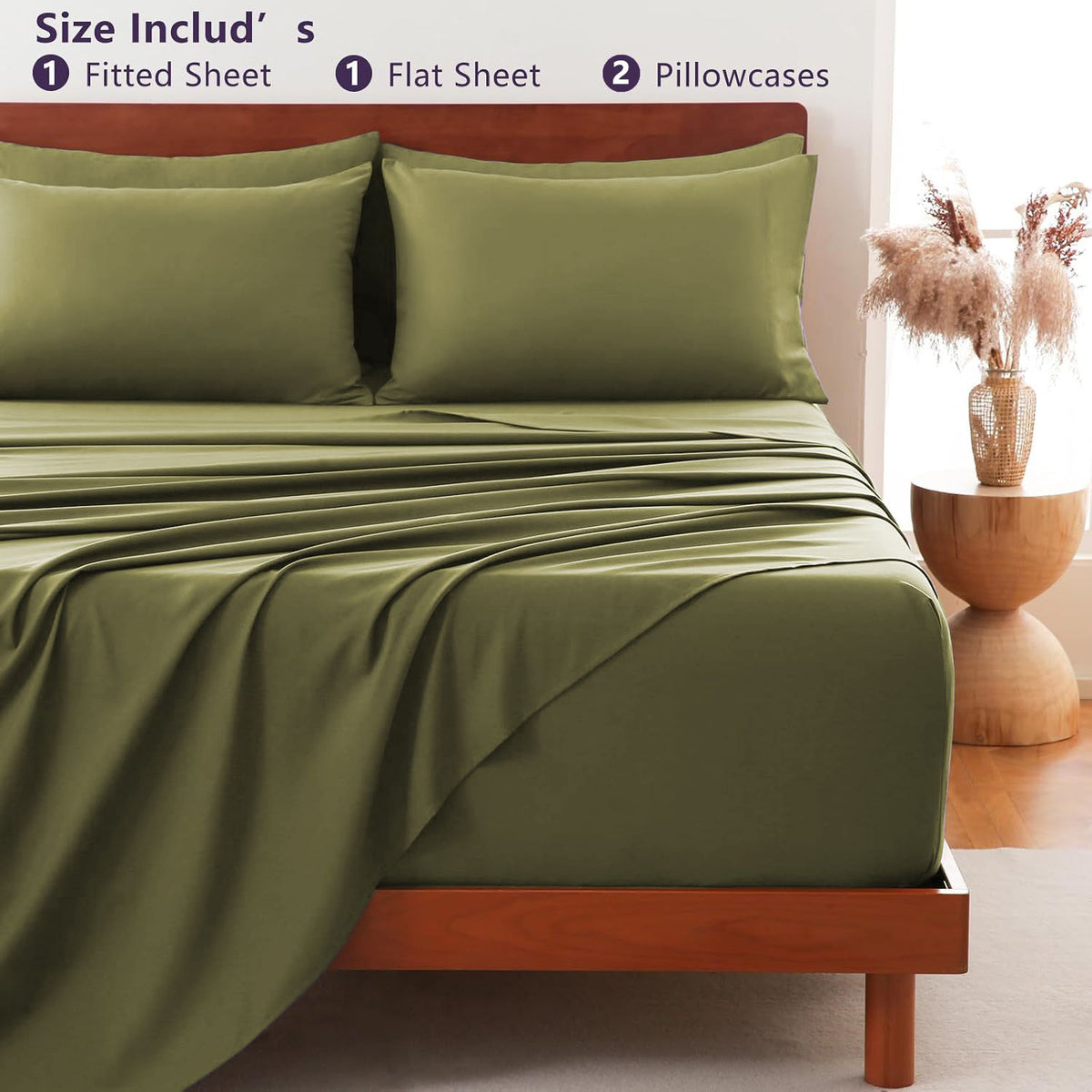 Hotel Soft Bed Sheet Set- Bedding Sheets & Pillowcases -Breathable Bedding - Wrinkle, Fade, Stain Resistant-Deep Pocket Flat Fitted Bed Sheet Set(Olive green,Double)