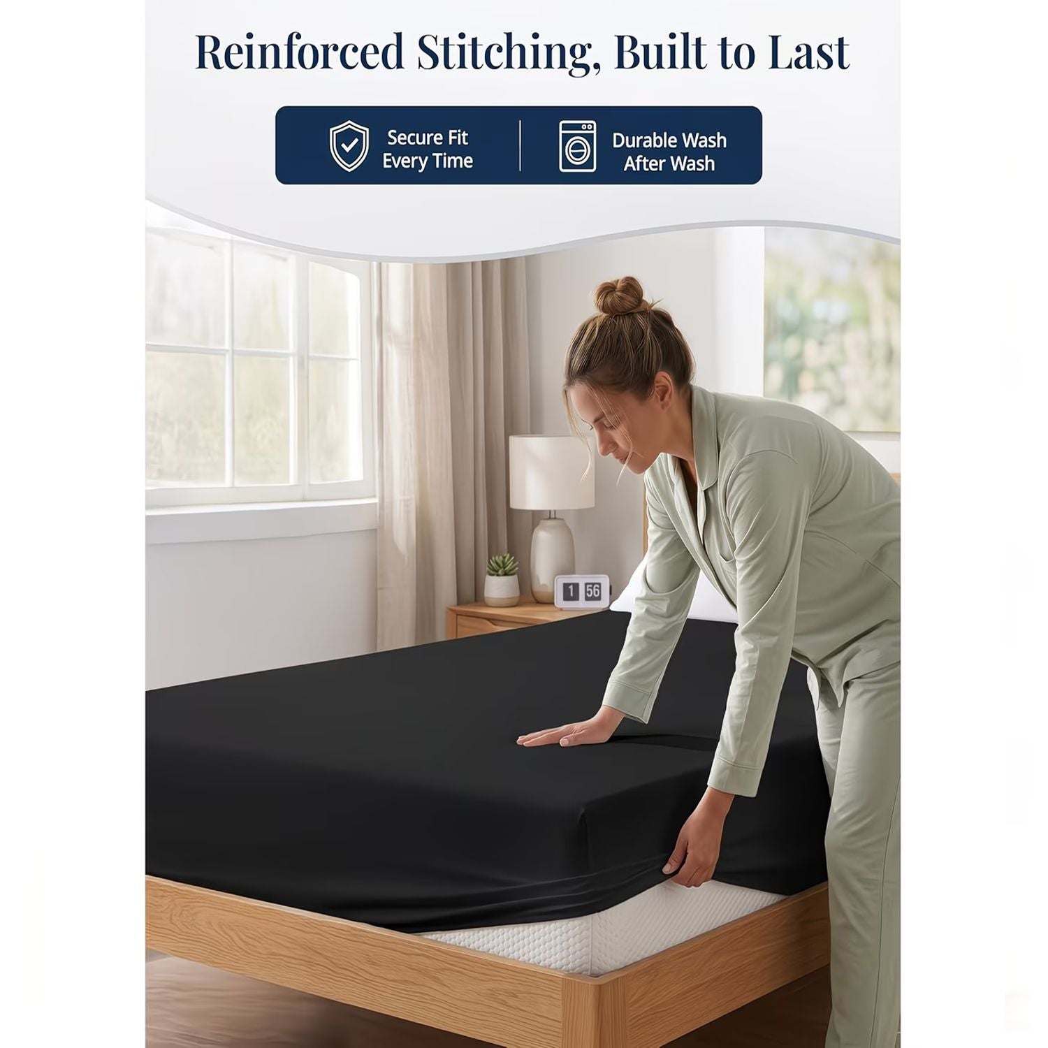 Hotel Quality Fitted Sheet - 1 Piece Fitted Sheet  -Breathable Bedding - Wrinkle, Fade, Stain Resistant- 16inch/40cm Deep Pocket Fitted Bed Sheet-Wrinkle and Fade Resistant,(Black,Double)