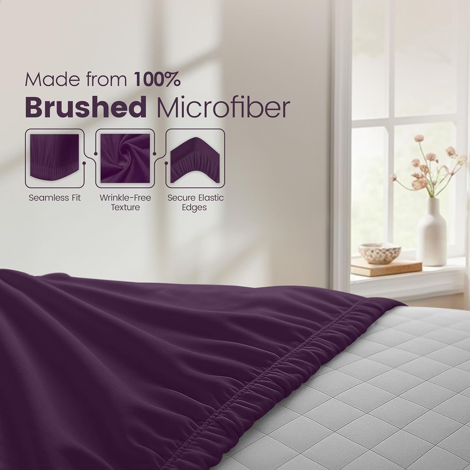 Hotel Quality Fitted Sheet - 1 Piece Fitted Sheet  -Breathable Bedding - Wrinkle, Fade, Stain Resistant- 16inch/40cm Deep Pocket Fitted Bed Sheet-Wrinkle and Fade Resistant,(Purple,Double)