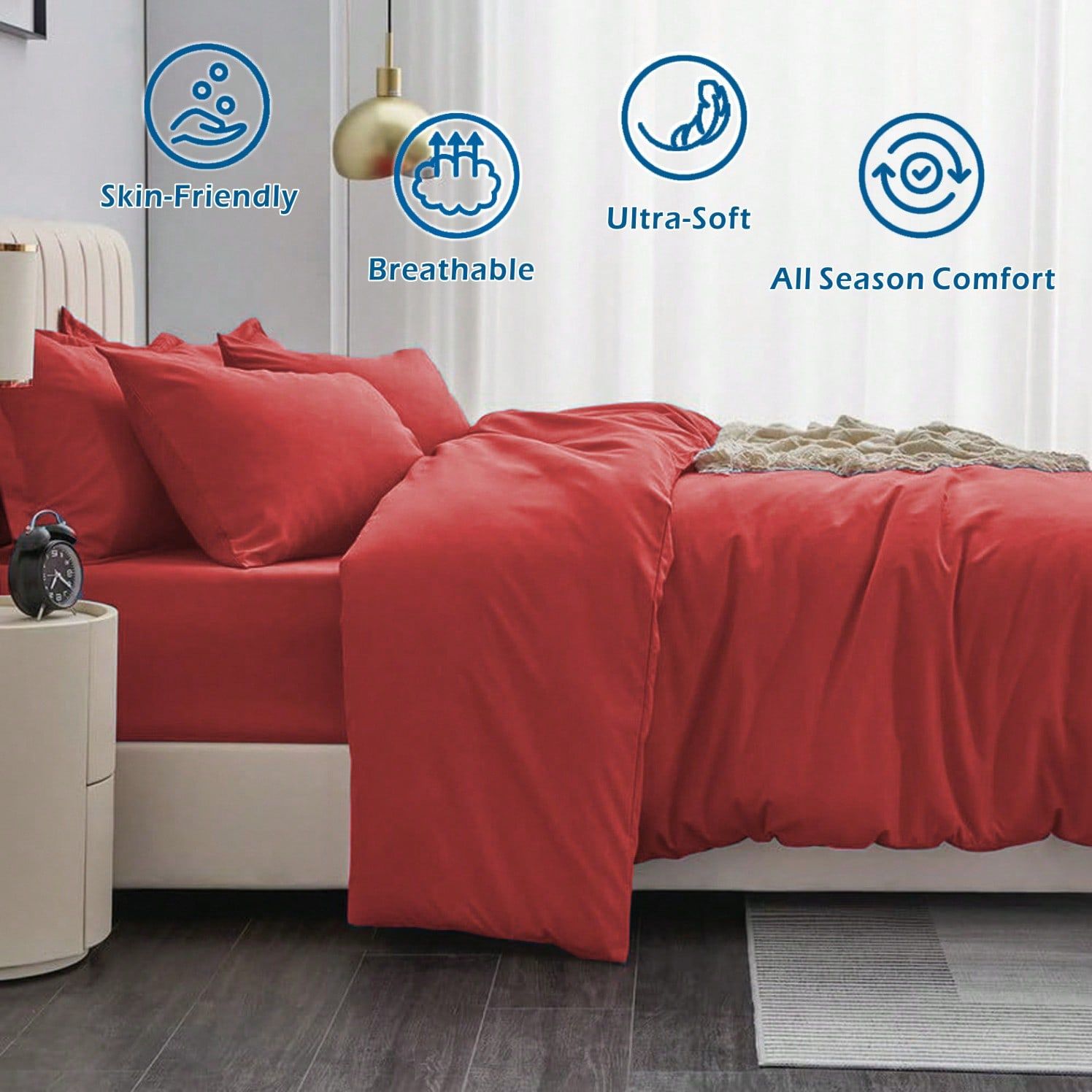 Hotel Soft Microfiber Duvet Cover Set-2000TC Quilt Cover Set & Pillowcases -1 Donna Cover Zipper Closure & 1 x Pillowcases-Breathable Bedding - Wrinkle, Fade, Stain Resistant(Red,King)