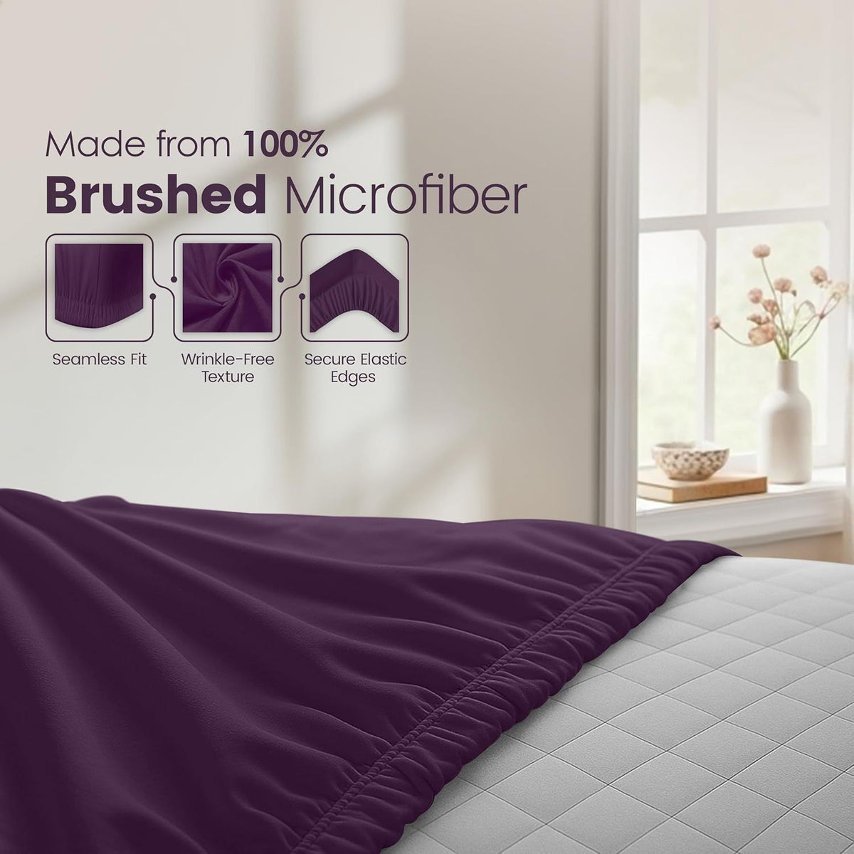 Hotel Quality Fitted Sheet - 1 Piece Fitted Sheet  -Breathable Bedding - Wrinkle, Fade, Stain Resistant- 16inch/40cm Deep Pocket Fitted Bed Sheet-Wrinkle and Fade Resistant,(Purple,King)