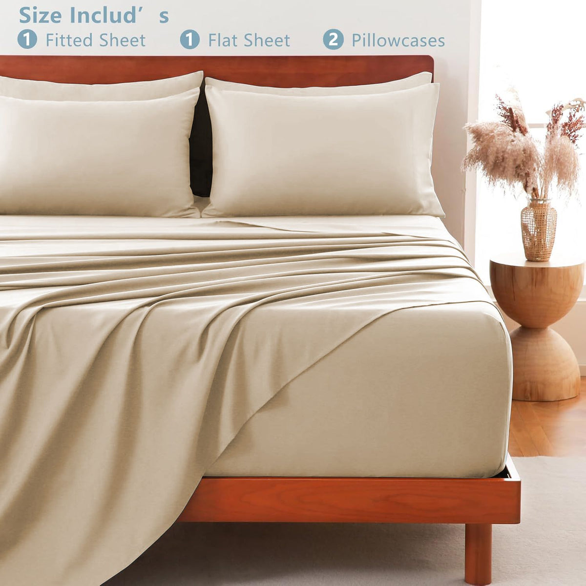 Hotel Soft Bed Sheet Set- Bedding Sheets & Pillowcases -Breathable Bedding - Wrinkle, Fade, Stain Resistant-Deep Pocket Flat Fitted Bed Sheet Set(Camel Beige,King Single)