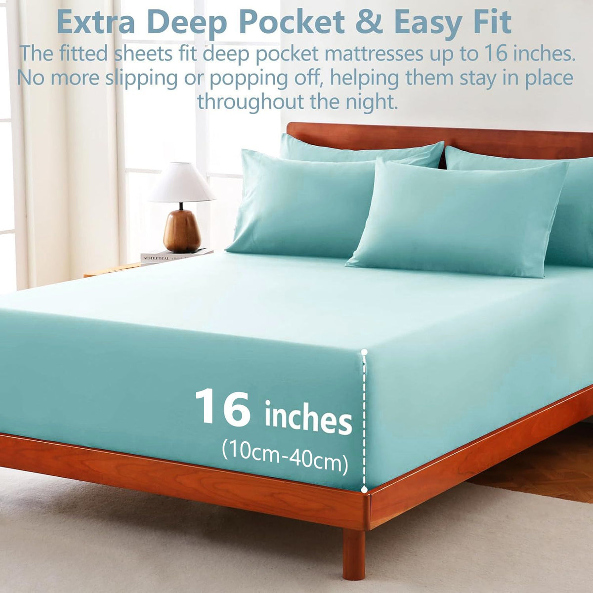 Hotel Soft Bed Sheet Set- Bedding Sheets & Pillowcases -Breathable Bedding - Wrinkle, Fade, Stain Resistant-Deep Pocket Flat Fitted Bed Sheet Set(Ice Blue,Queen)