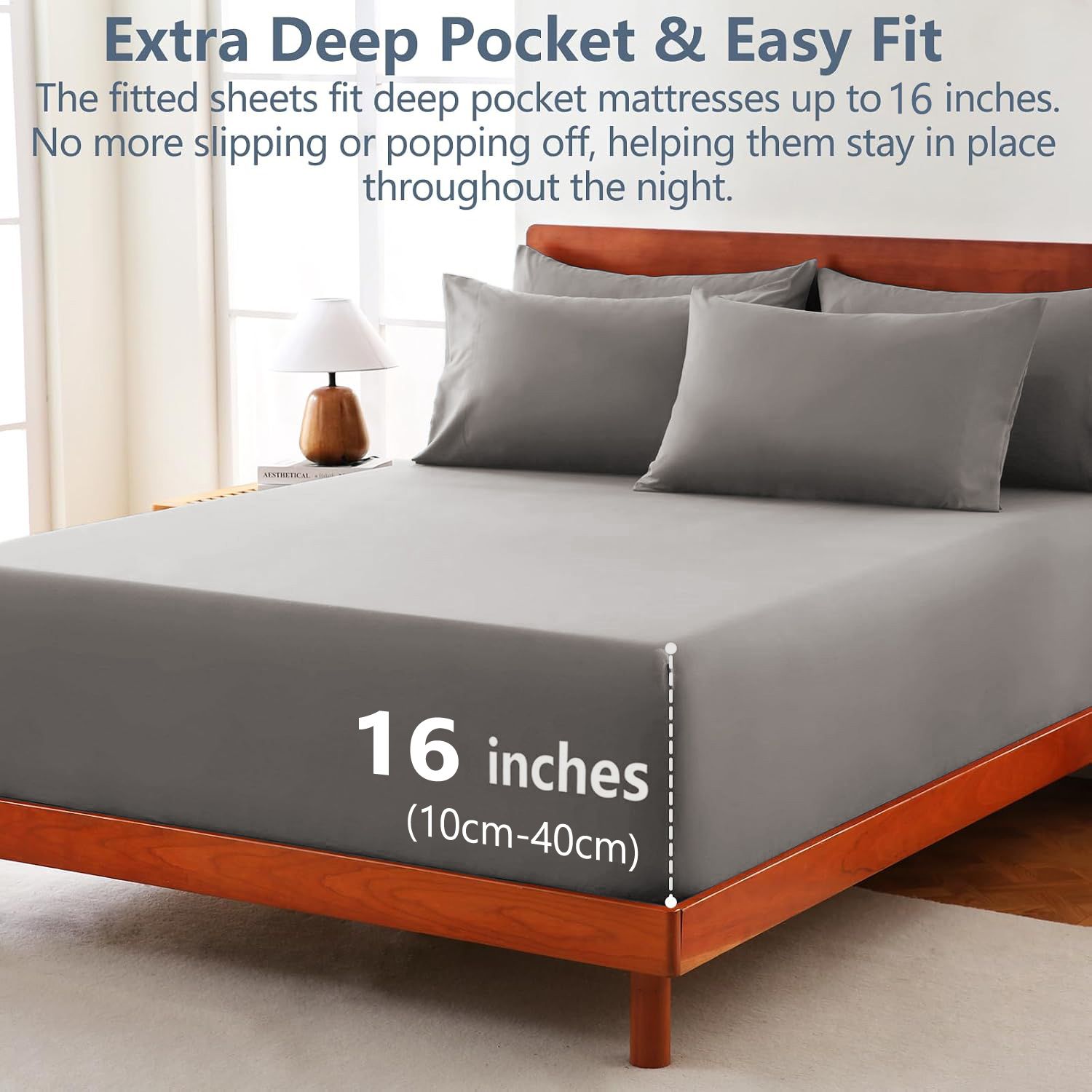 Hotel Soft Bed Sheet Set- Bedding Sheets & Pillowcases -Breathable Bedding - Wrinkle, Fade, Stain Resistant-Deep Pocket Flat Fitted Bed Sheet Set(Grey,Queen)