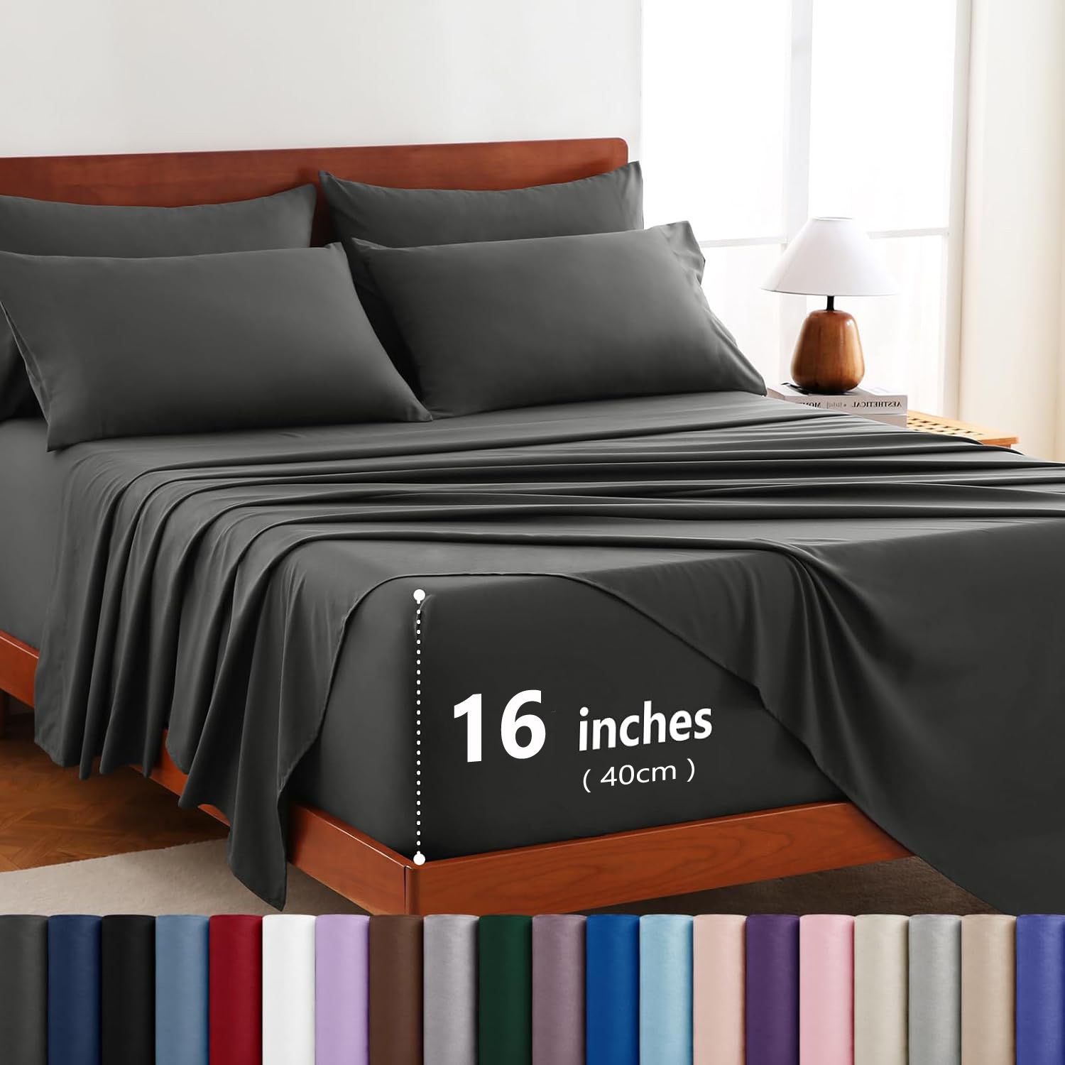 Hotel Soft Bed Sheet Set- Bedding Sheets & Pillowcases -Breathable Bedding - Wrinkle, Fade, Stain Resistant-Deep Pocket Flat Fitted Bed Sheet Set(Dark gray,Queen)