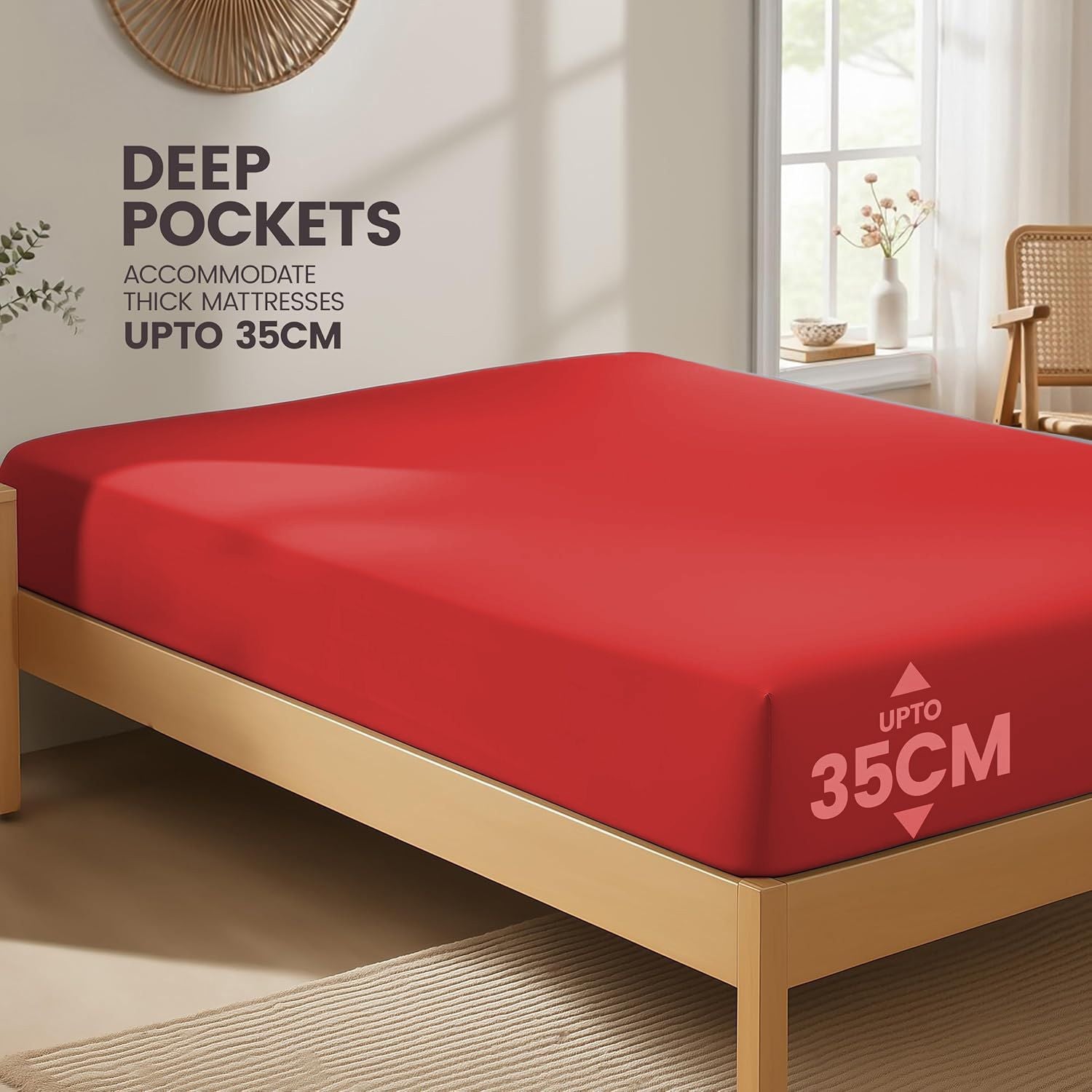 Hotel Quality Fitted Sheet - 1 Piece Fitted Sheet  -Breathable Bedding - Wrinkle, Fade, Stain Resistant- 16inch/40cm Deep Pocket Fitted Bed Sheet-Wrinkle and Fade Resistant,(Red,Queen)