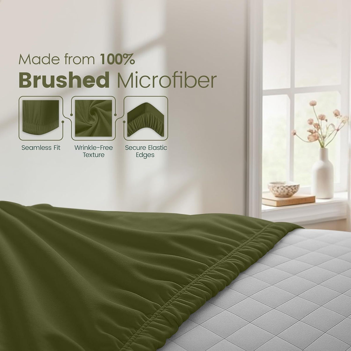 Hotel Quality Fitted Sheet - 1 Piece Fitted Sheet  -Breathable Bedding - Wrinkle, Fade, Stain Resistant- 16inch/40cm Deep Pocket Fitted Bed Sheet-Wrinkle and Fade Resistant,(Olive green,Queen)