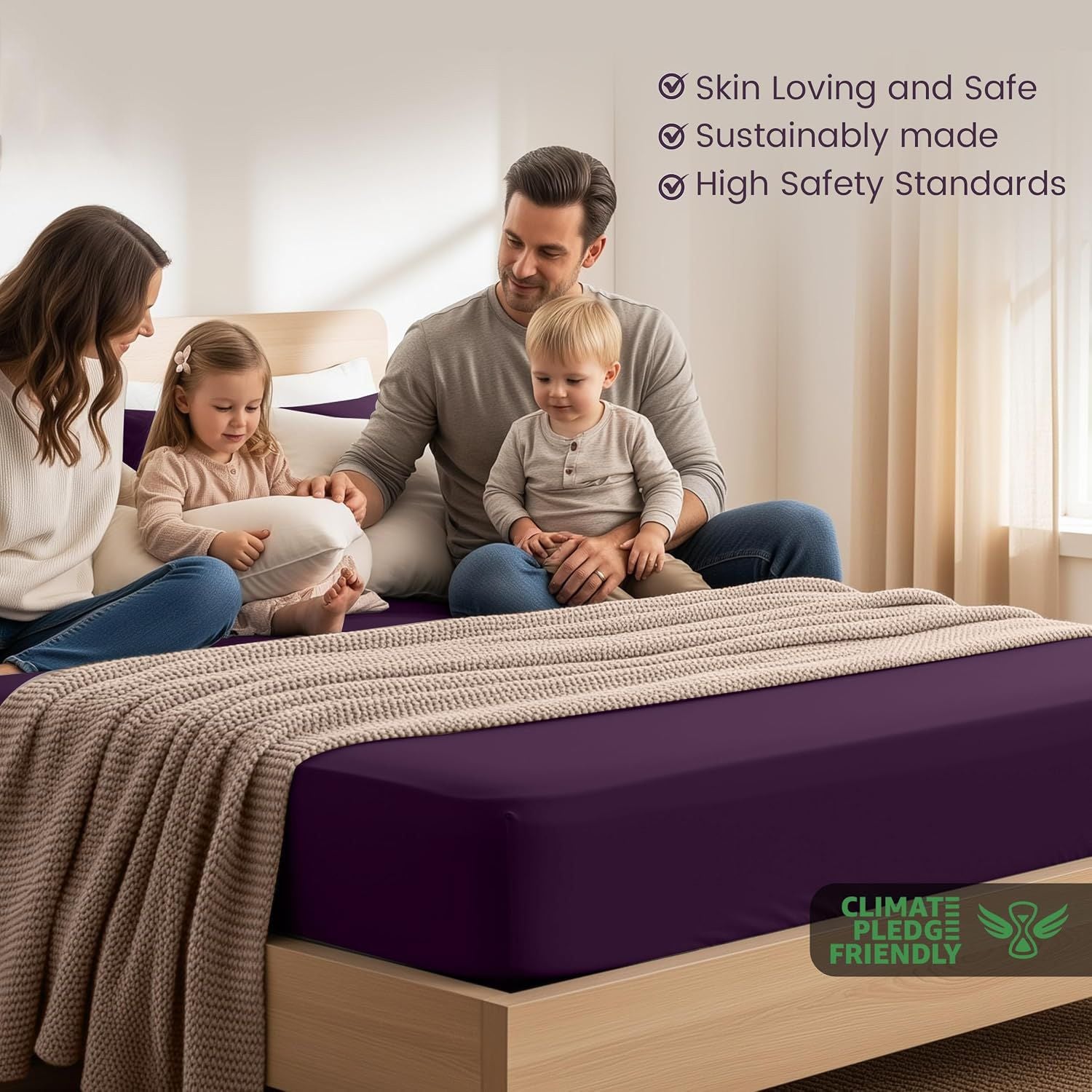 Hotel Quality Fitted Sheet - 1 Piece Fitted Sheet  -Breathable Bedding - Wrinkle, Fade, Stain Resistant- 16inch/40cm Deep Pocket Fitted Bed Sheet-Wrinkle and Fade Resistant,(Purple,Queen)