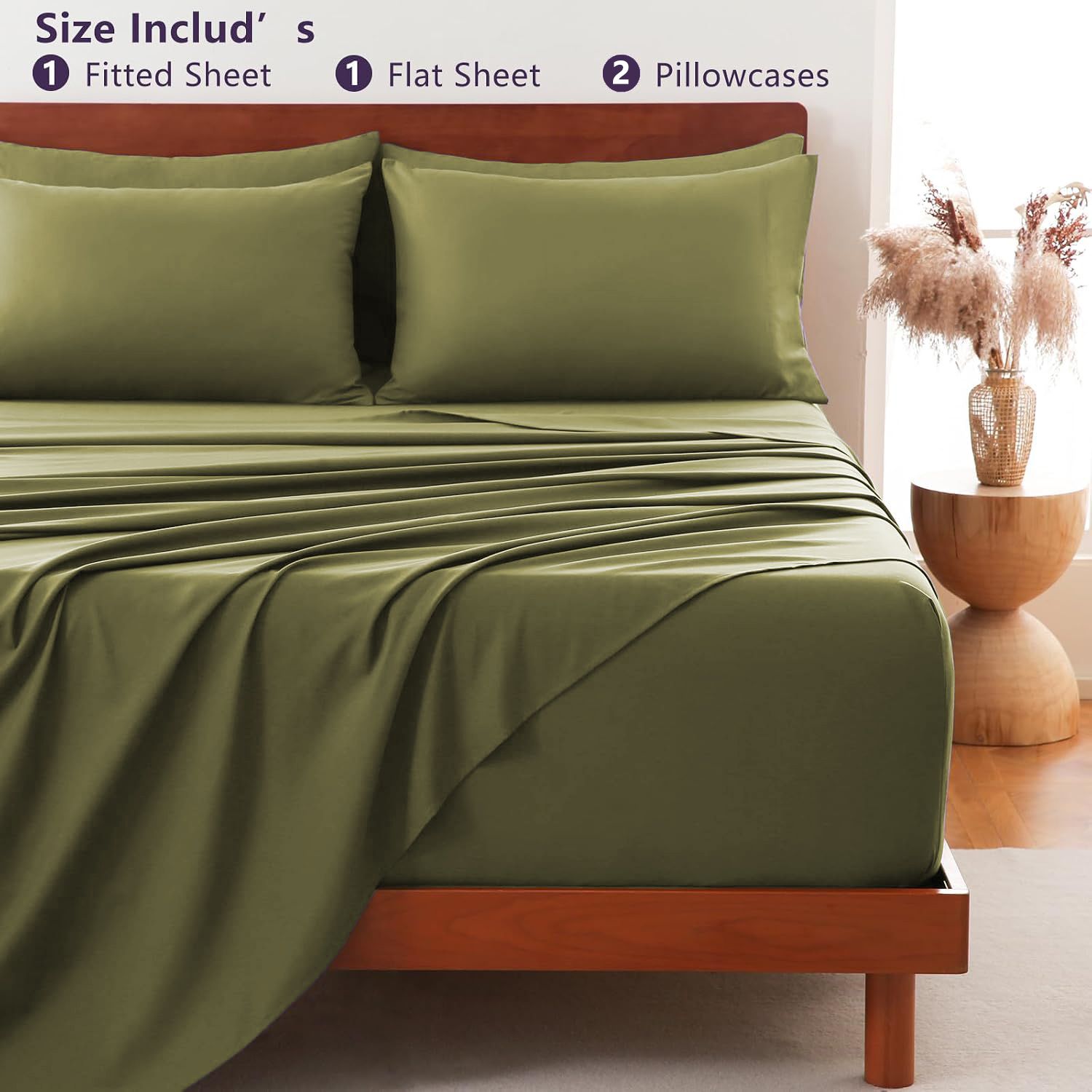 Hotel Soft Bed Sheet Set- Bedding Sheets & Pillowcases -Breathable Bedding - Wrinkle, Fade, Stain Resistant-Deep Pocket Flat Fitted Bed Sheet Set(Olive green,Single)